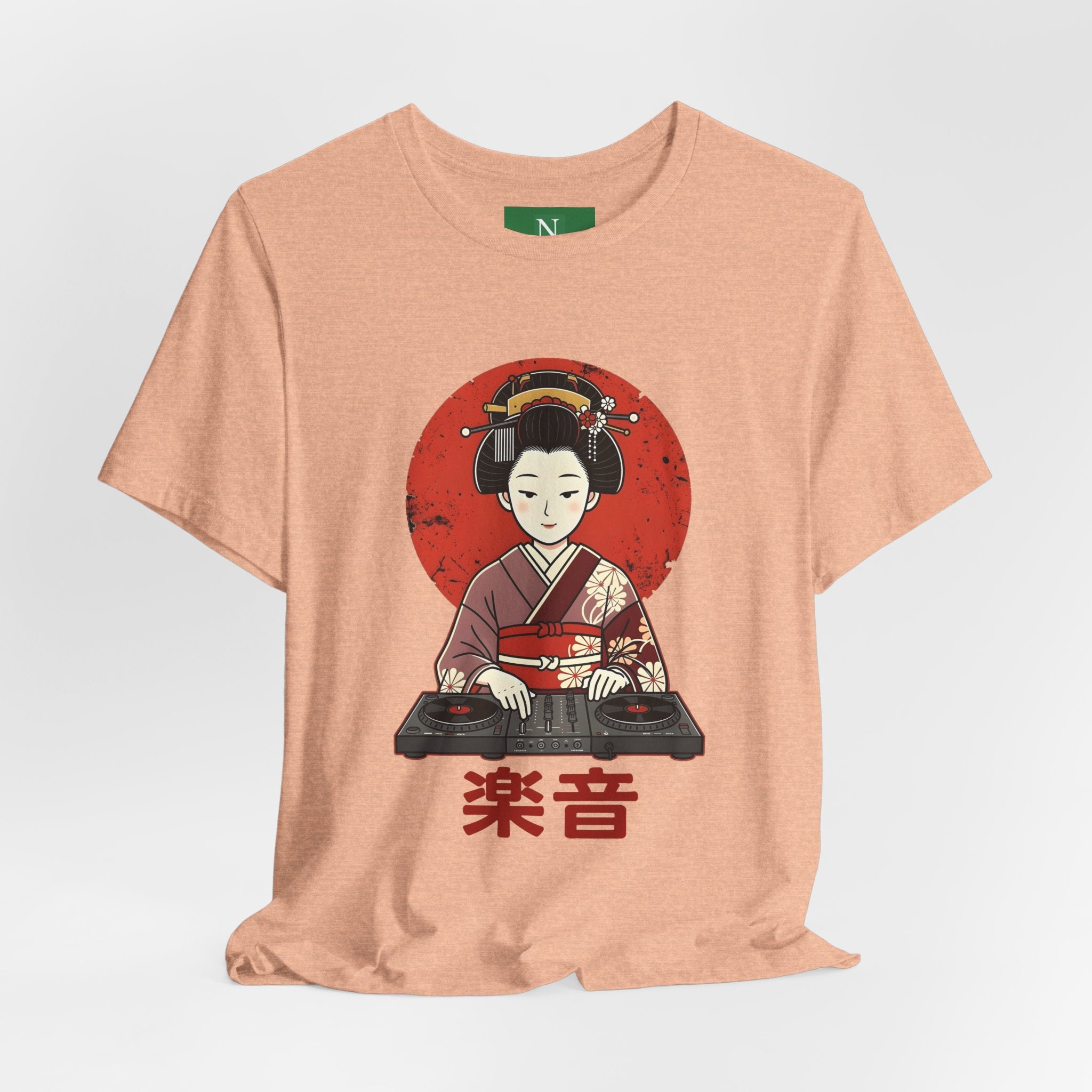Geisha DJ T-Shirt — Japanese Vinyl Turntable Tee with '楽音' (Music) Design