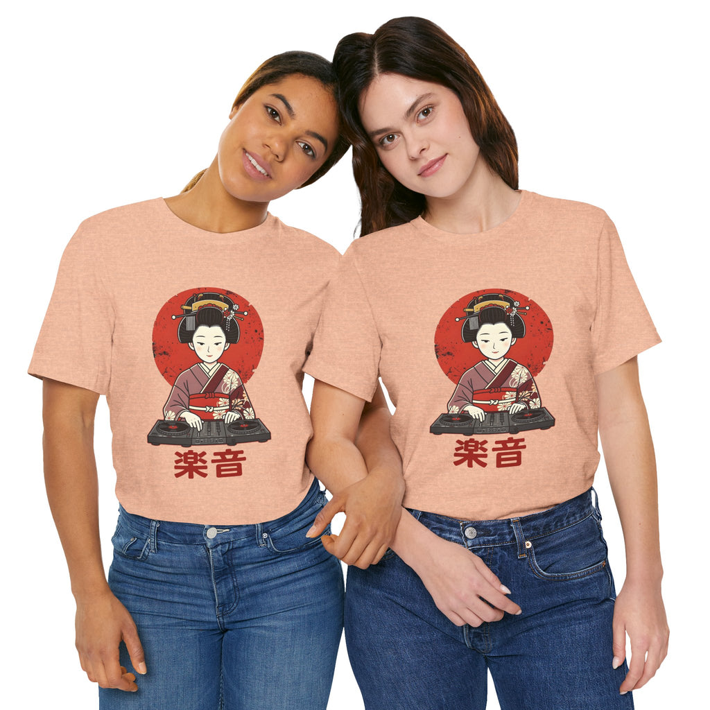Geisha DJ T-Shirt — Japanese Vinyl Turntable Tee with '楽音' (Music) Design