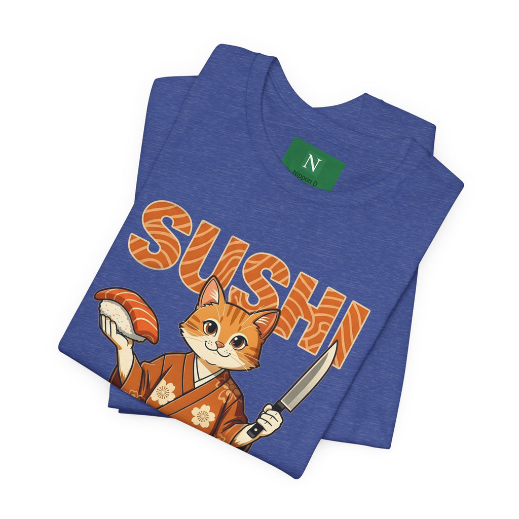 Sushi Cat Graphic Tee — Cute Samurai Cat Holding Sushi & Knife