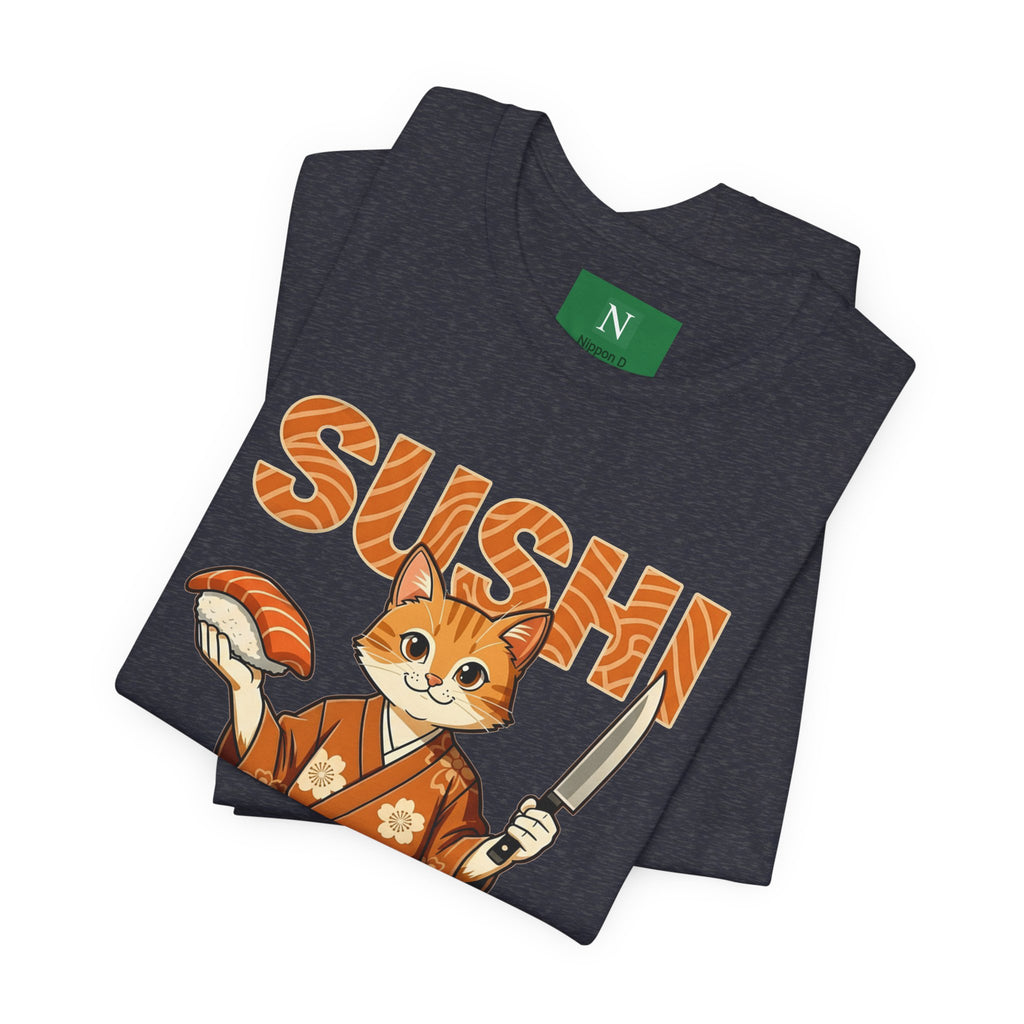 Sushi Cat Graphic Tee — Cute Samurai Cat Holding Sushi & Knife