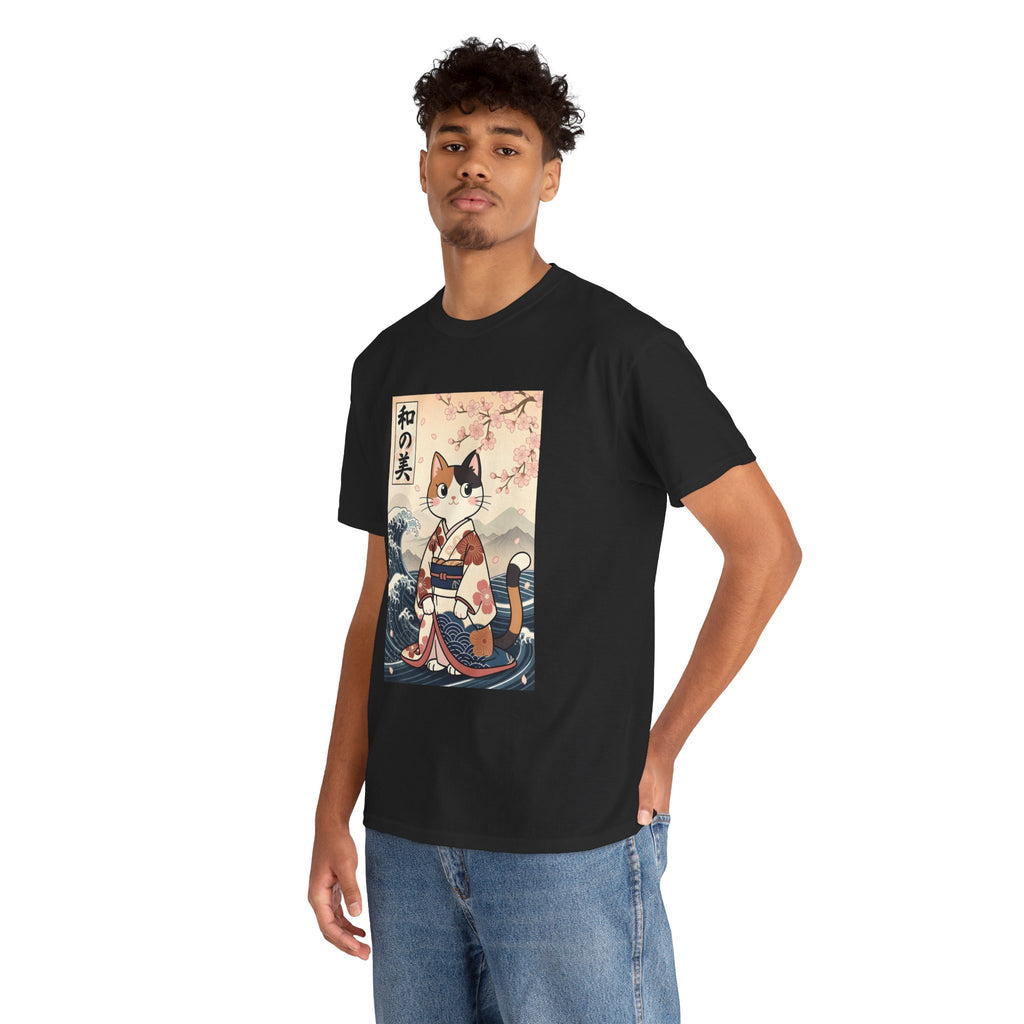 Cat Ukiyo-e T-Shirt — Vintage Japanese Kimono Cat with Cherry Blossoms