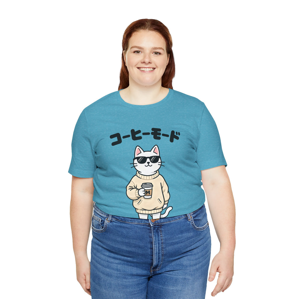 Coffee Mode Cat Tee — Cute Japanese Cat Holding Coffee T-Shirt