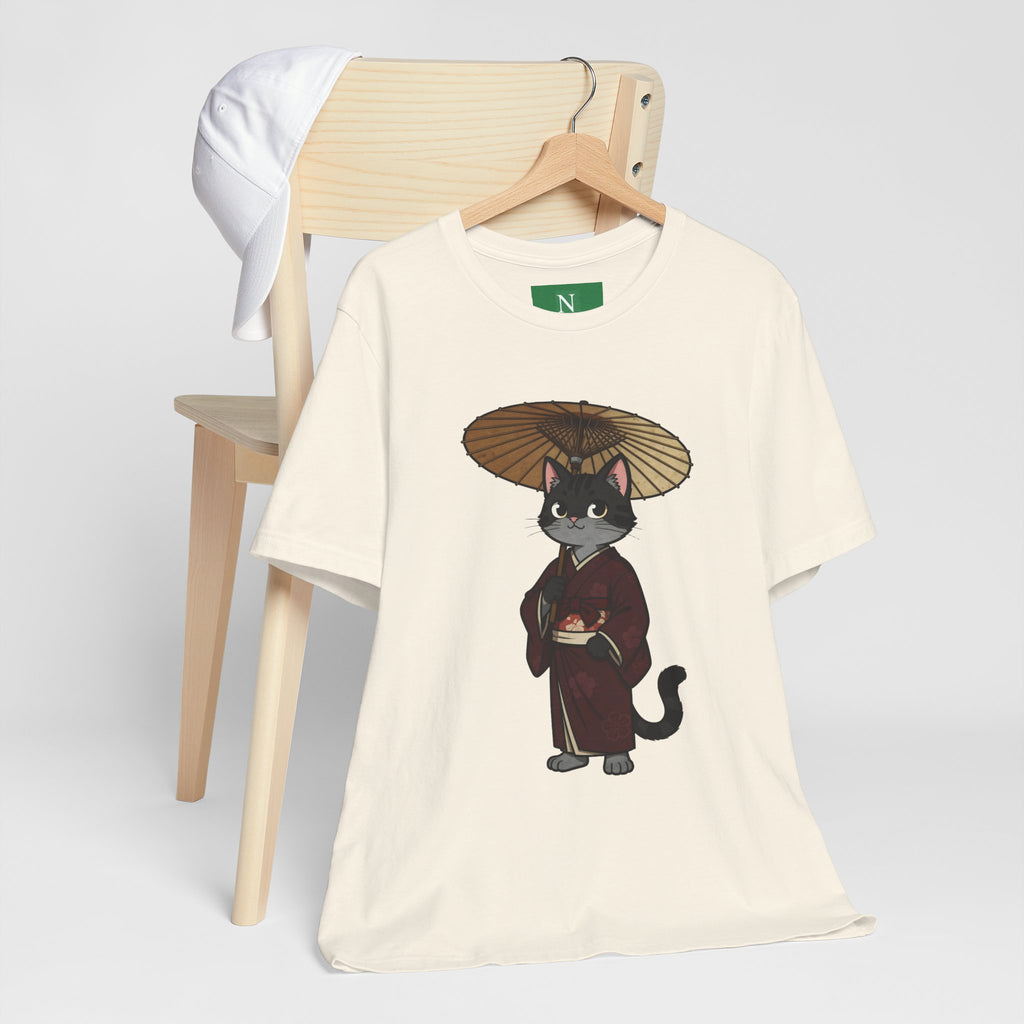 Geisha Cat Tee — Japanese Umbrella Cat Graphic T-Shirt