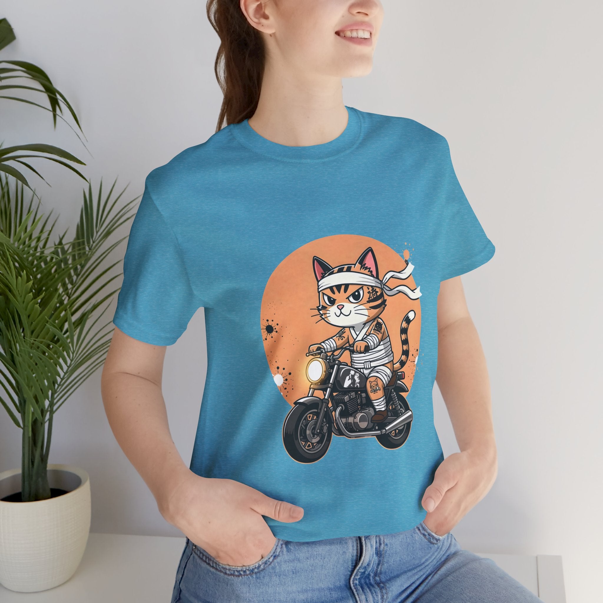 Retro Biker Cat T‑Shirt — Cute Motorcycle Cat Graphic Tee