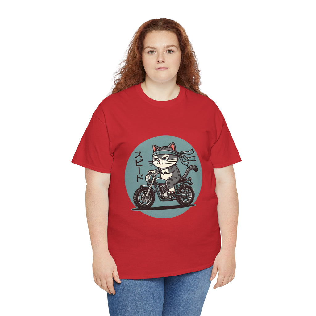 Cat Biker T‑Shirt — Retro Motorcycle Cat with Japanese “Speed” Text