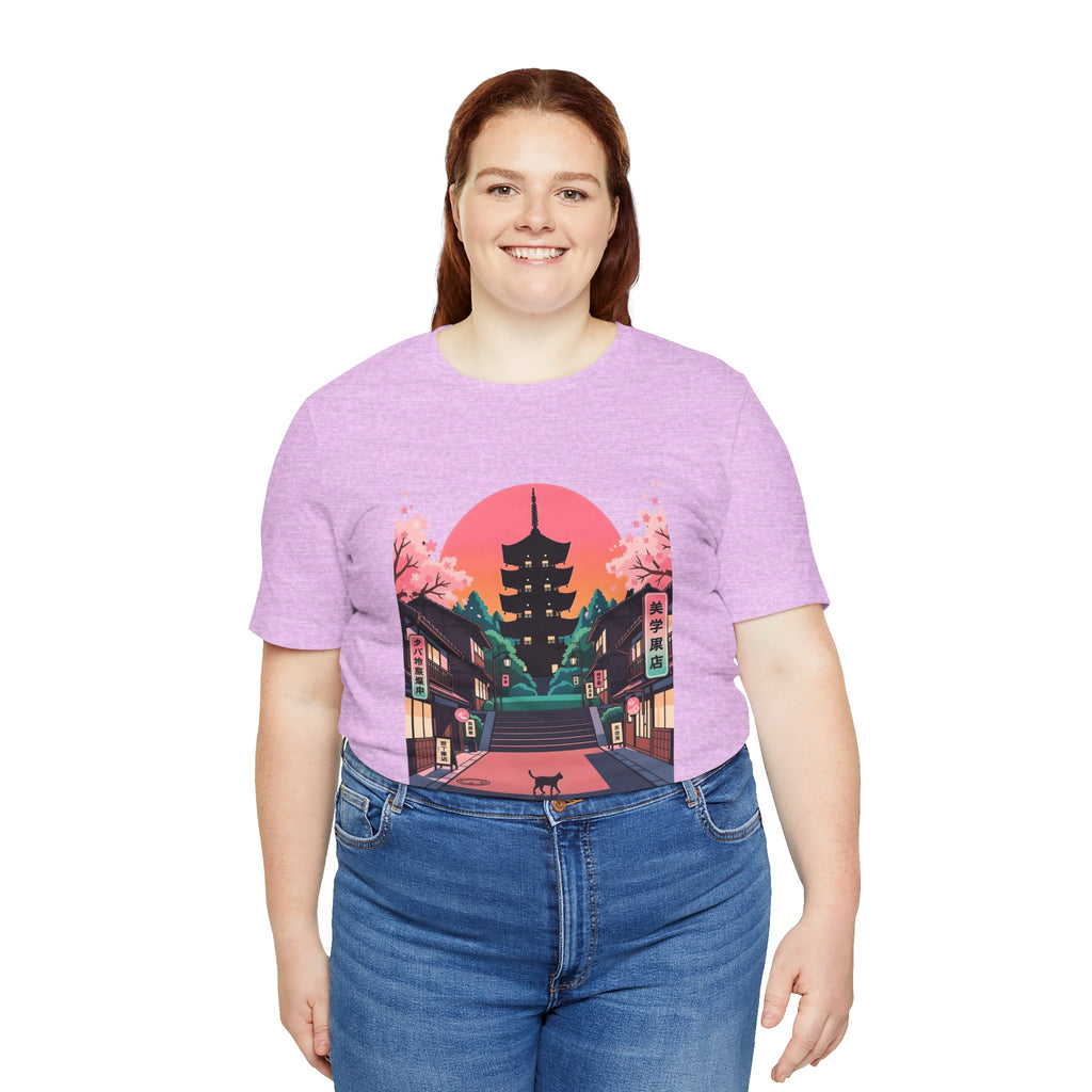 Japanese Pagoda Sunset Tee — Sakura Street Cat Graphic T-Shirt