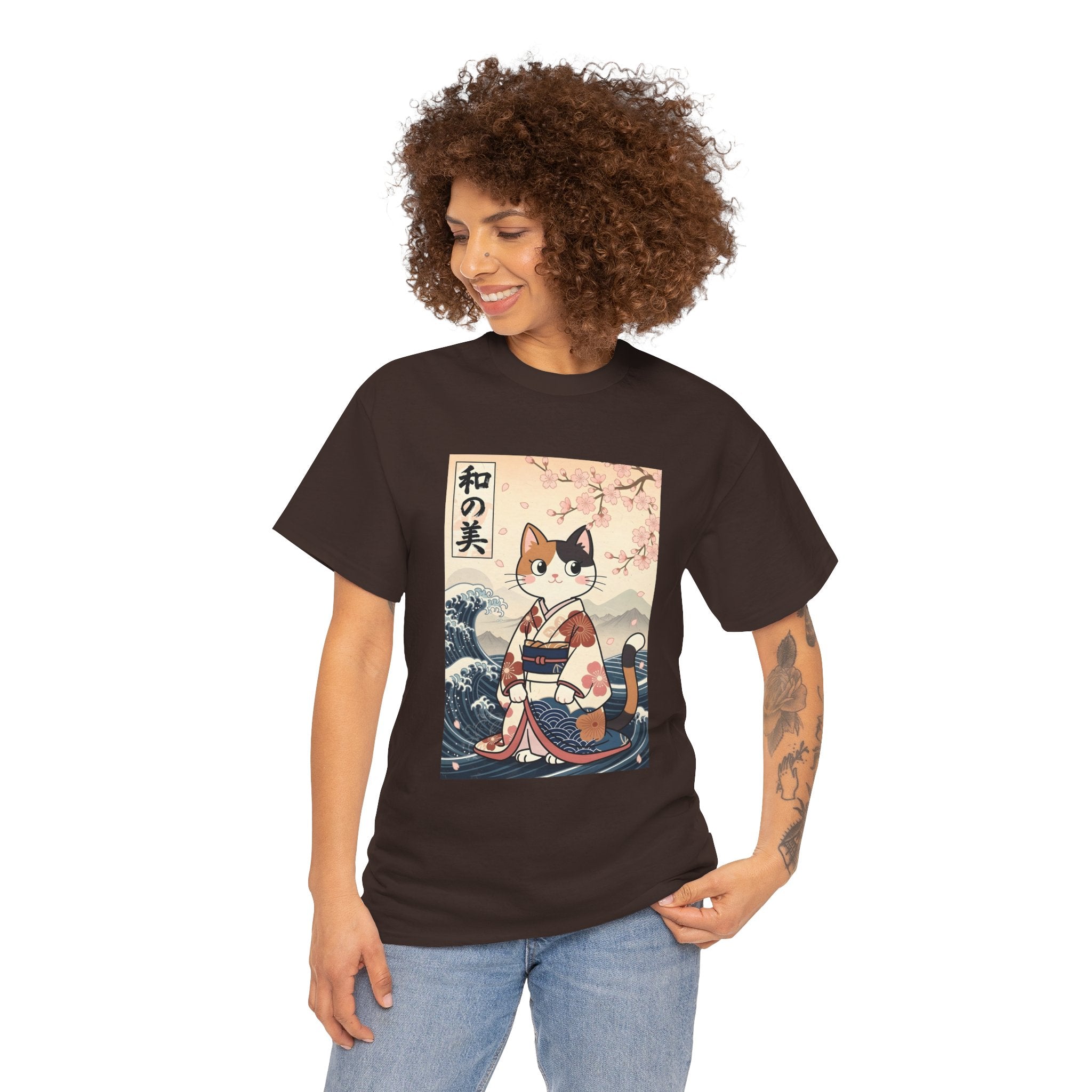 Cat Ukiyo-e T-Shirt — Vintage Japanese Kimono Cat with Cherry Blossoms