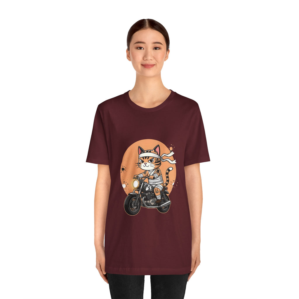 Retro Biker Cat T‑Shirt — Cute Motorcycle Cat Graphic Tee