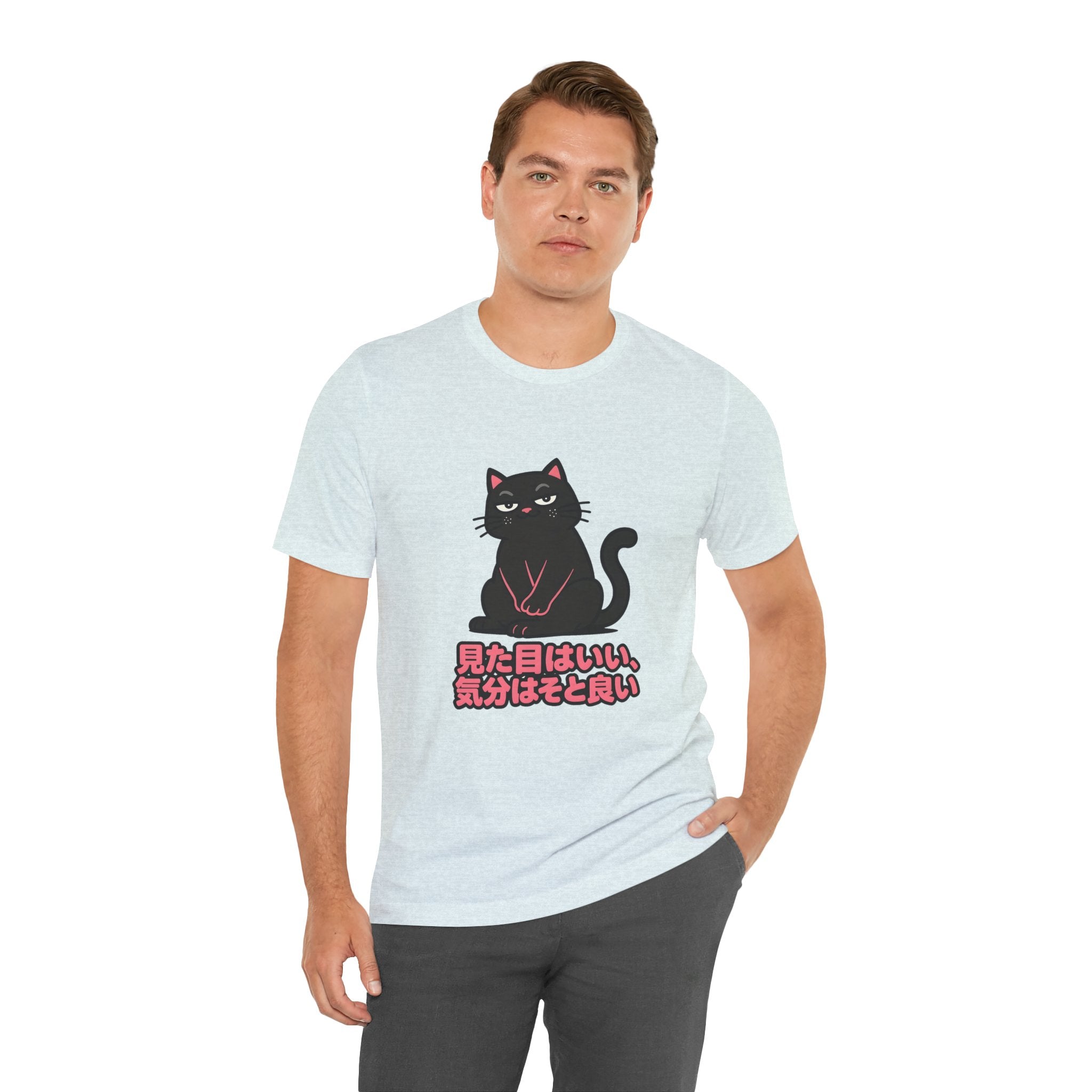Black Cat Tee with Japanese Text — 'Mita Me wa Ii, Kimochi wa Sore Ijo' Cute Kawaii Graphic T-Shirt