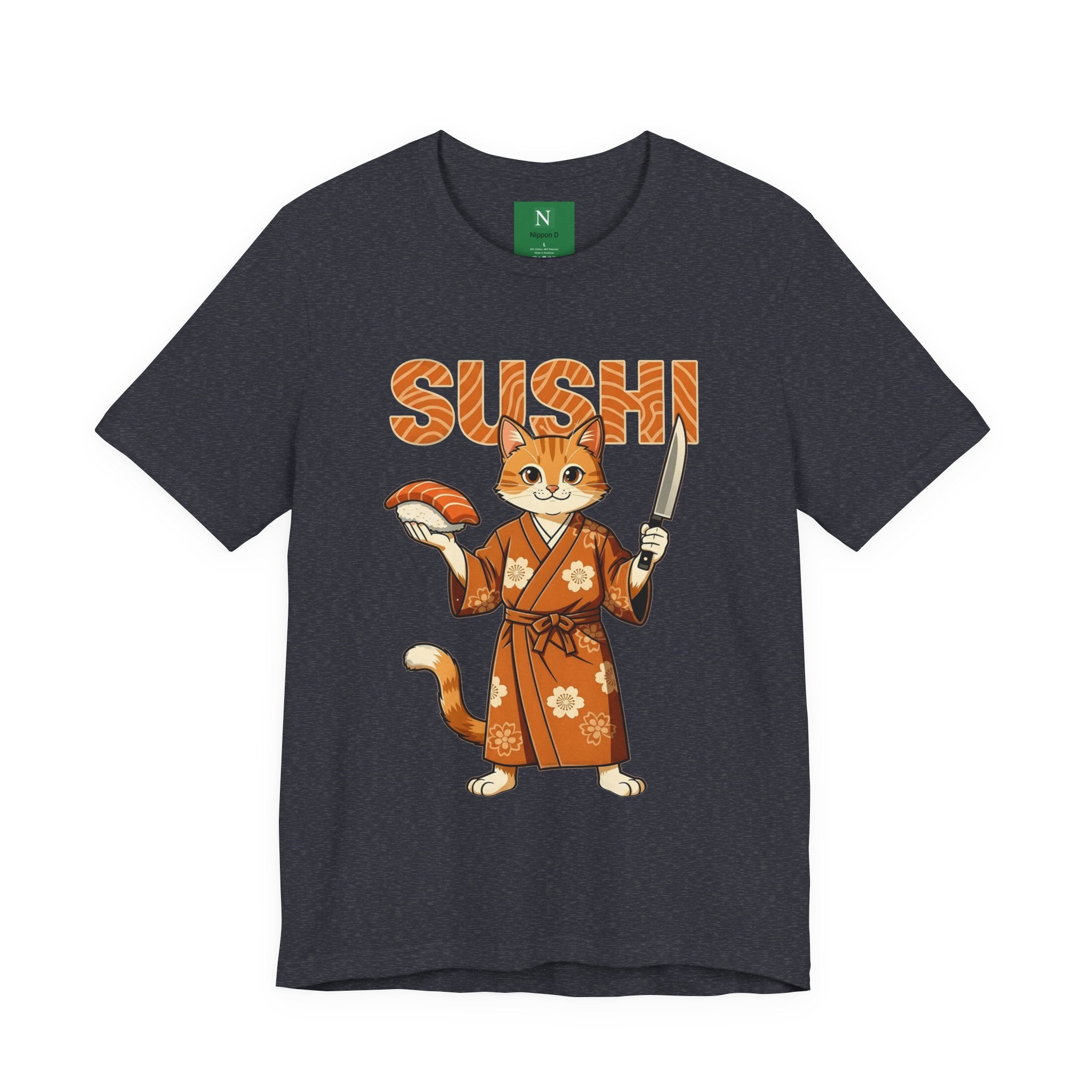 Sushi Cat Graphic Tee — Cute Samurai Cat Holding Sushi & Knife