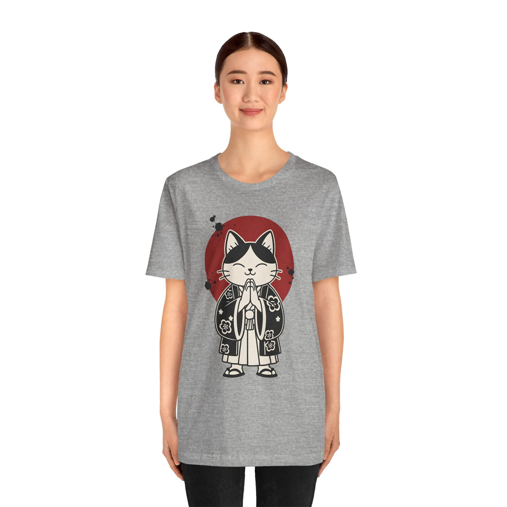Samurai Cat T‑Shirt — Cute Praying Cat with Red Sun Graphic