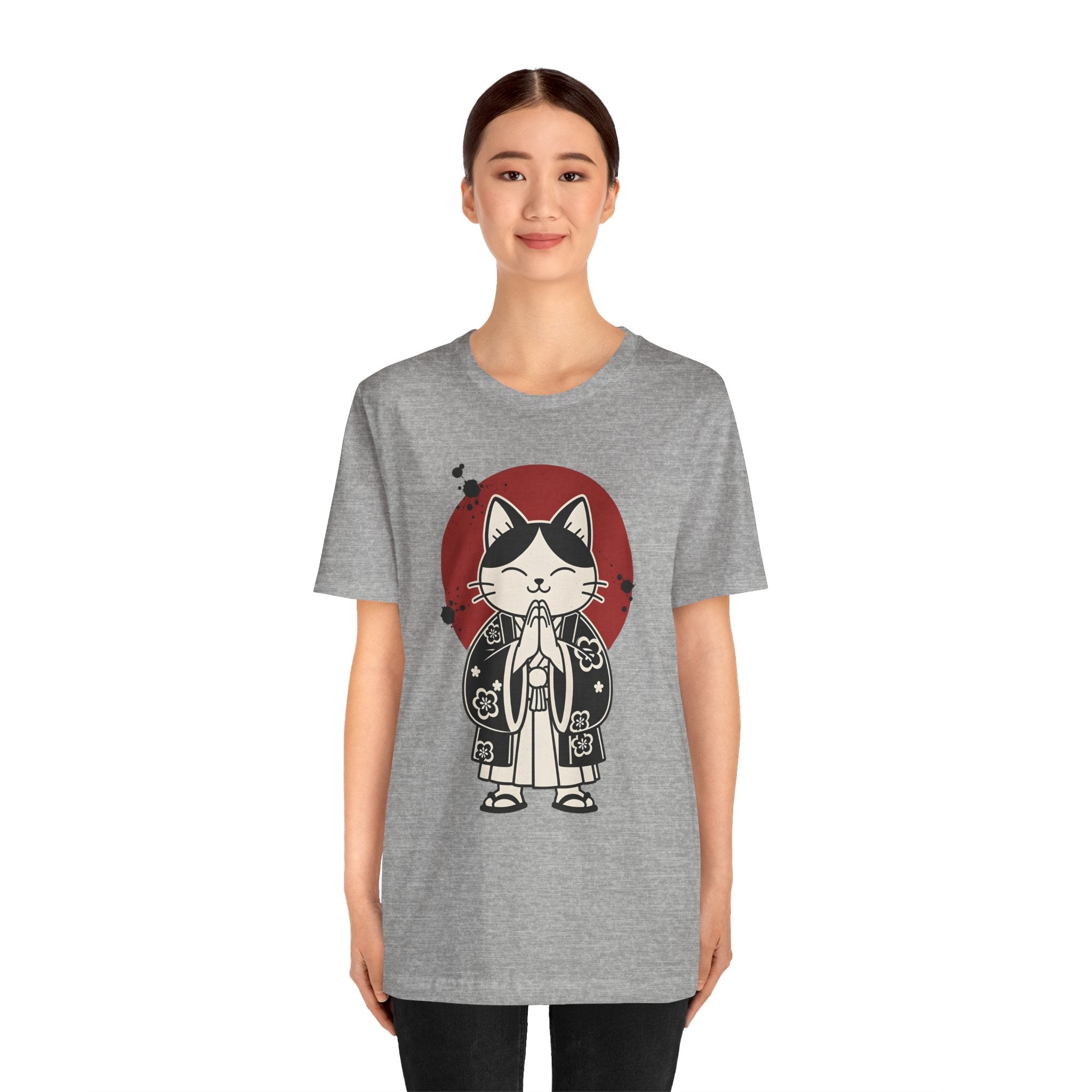 Samurai Cat T‑Shirt — Cute Praying Cat with Red Sun Graphic