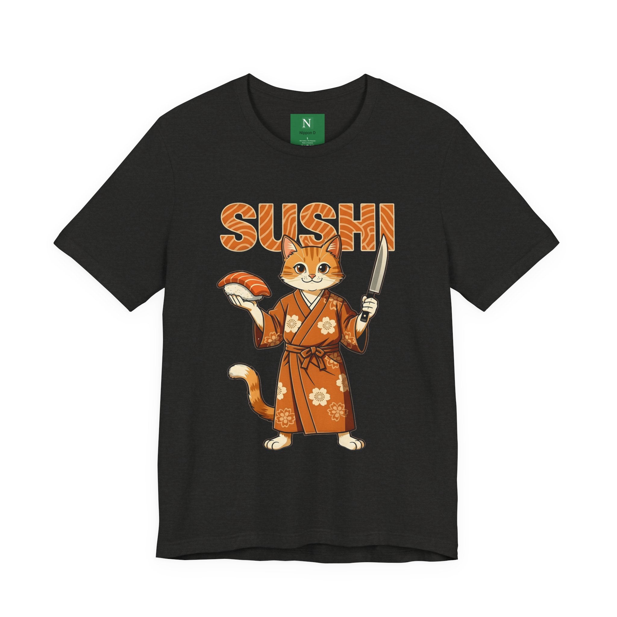 Sushi Cat Graphic Tee — Cute Samurai Cat Holding Sushi & Knife