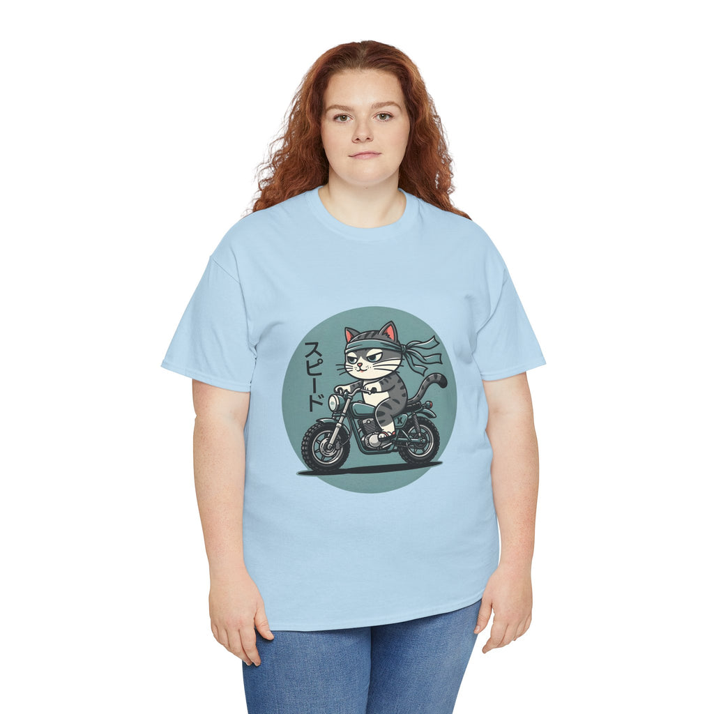 Cat Biker T‑Shirt — Retro Motorcycle Cat with Japanese “Speed” Text