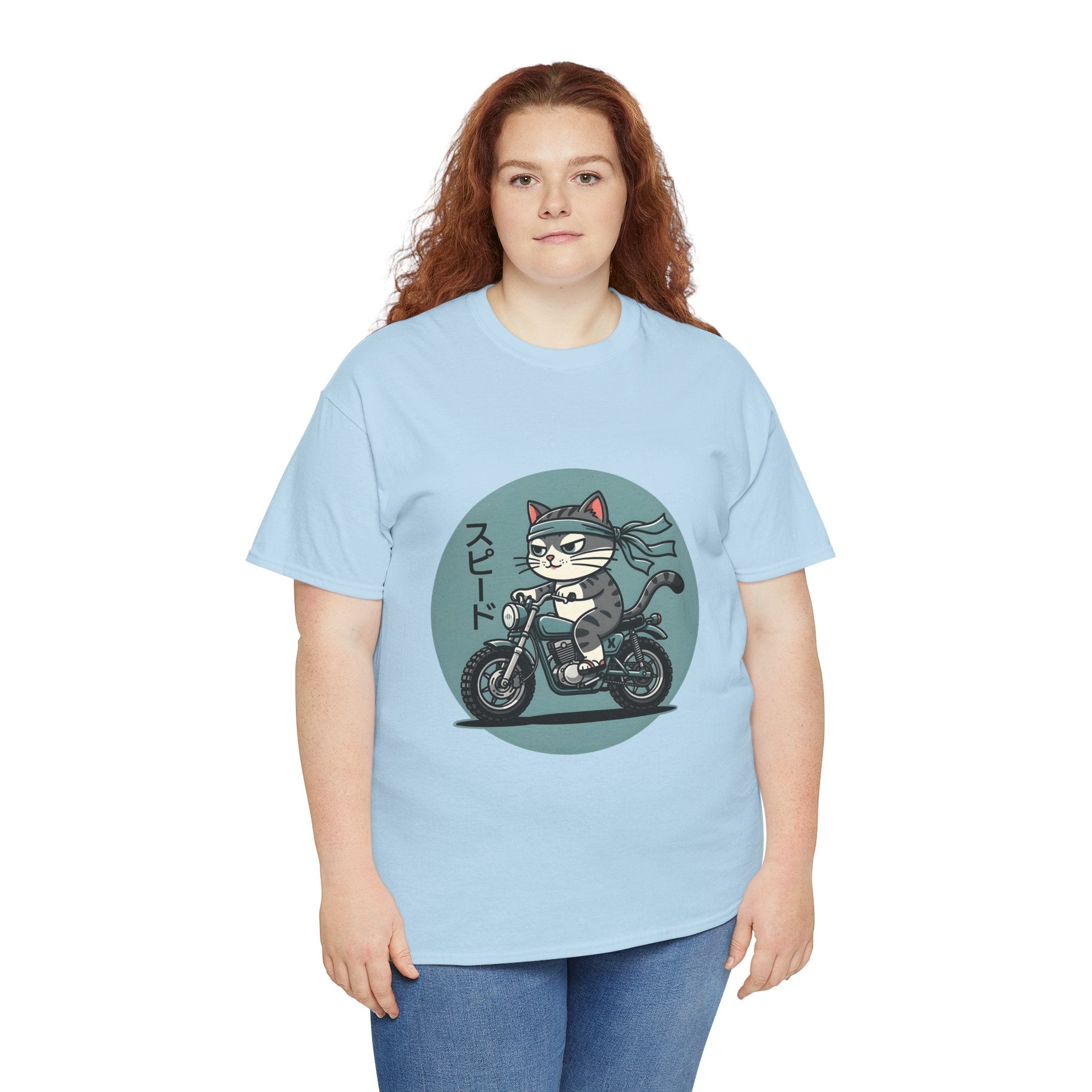 Cat Biker T‑Shirt — Retro Motorcycle Cat with Japanese “Speed” Text