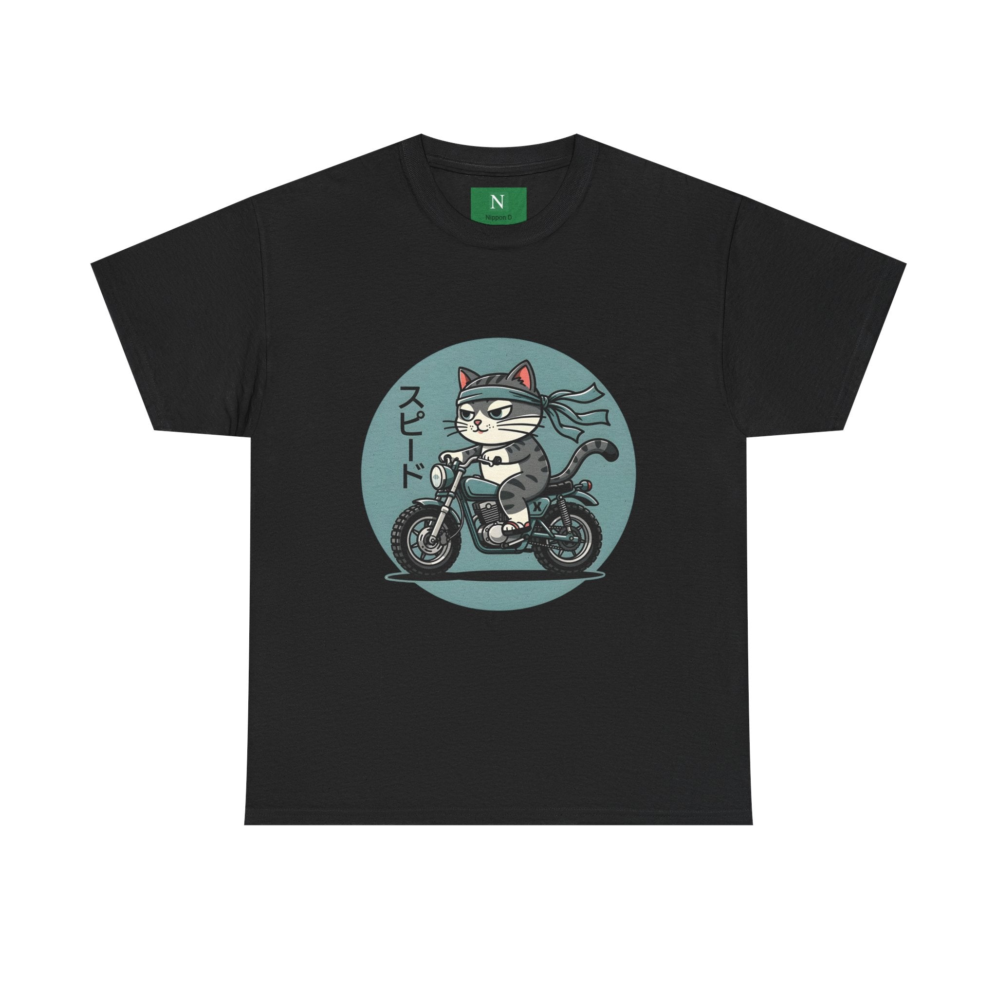 Cat Biker T‑Shirt — Retro Motorcycle Cat with Japanese “Speed” Text