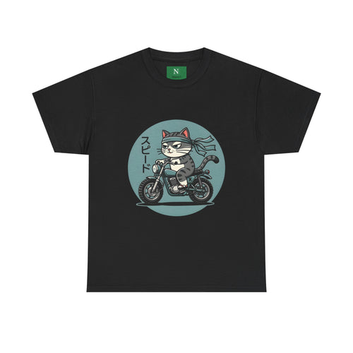Cat Biker T‑Shirt — Retro Motorcycle Cat with Japanese “Speed” Text