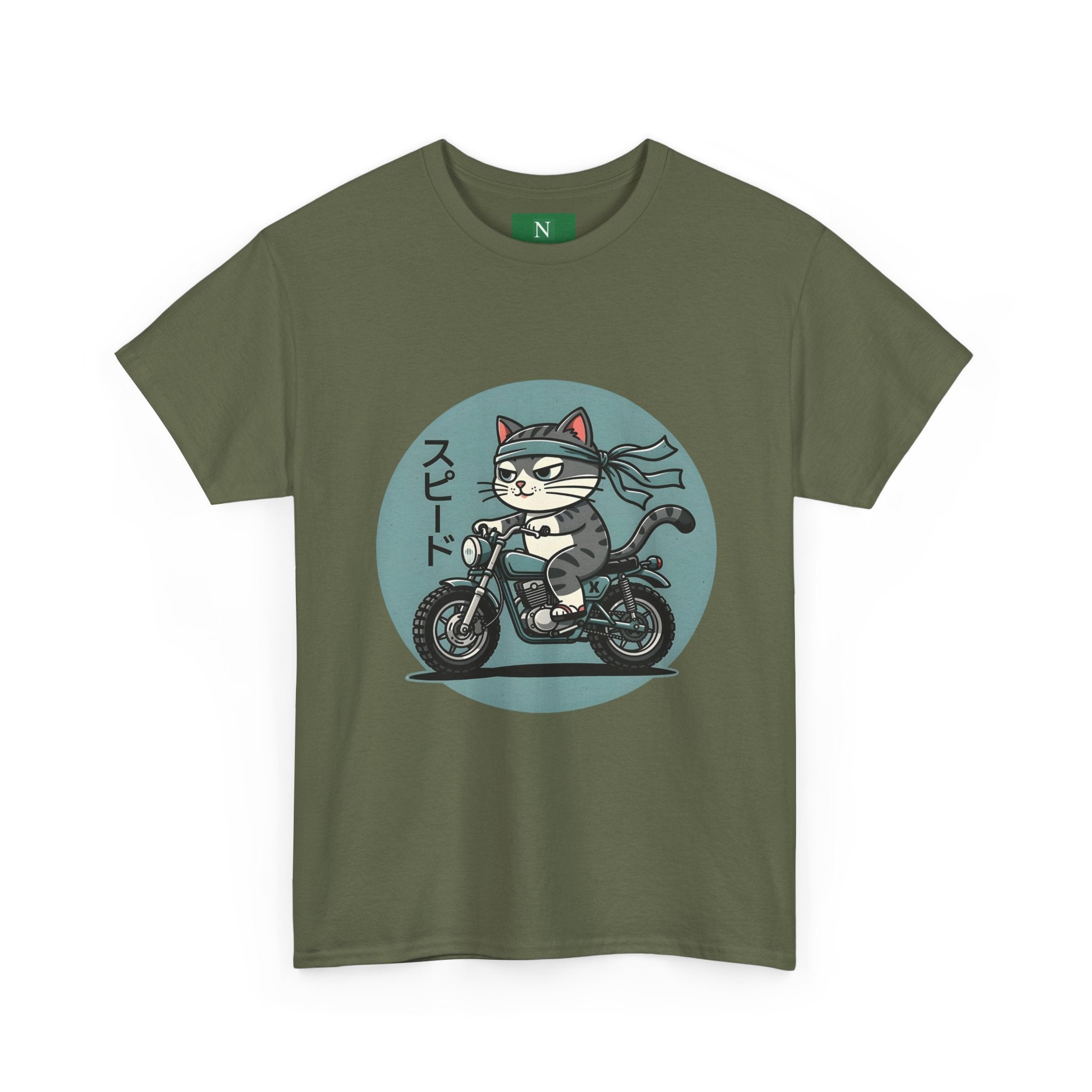 Cat Biker T‑Shirt — Retro Motorcycle Cat with Japanese “Speed” Text