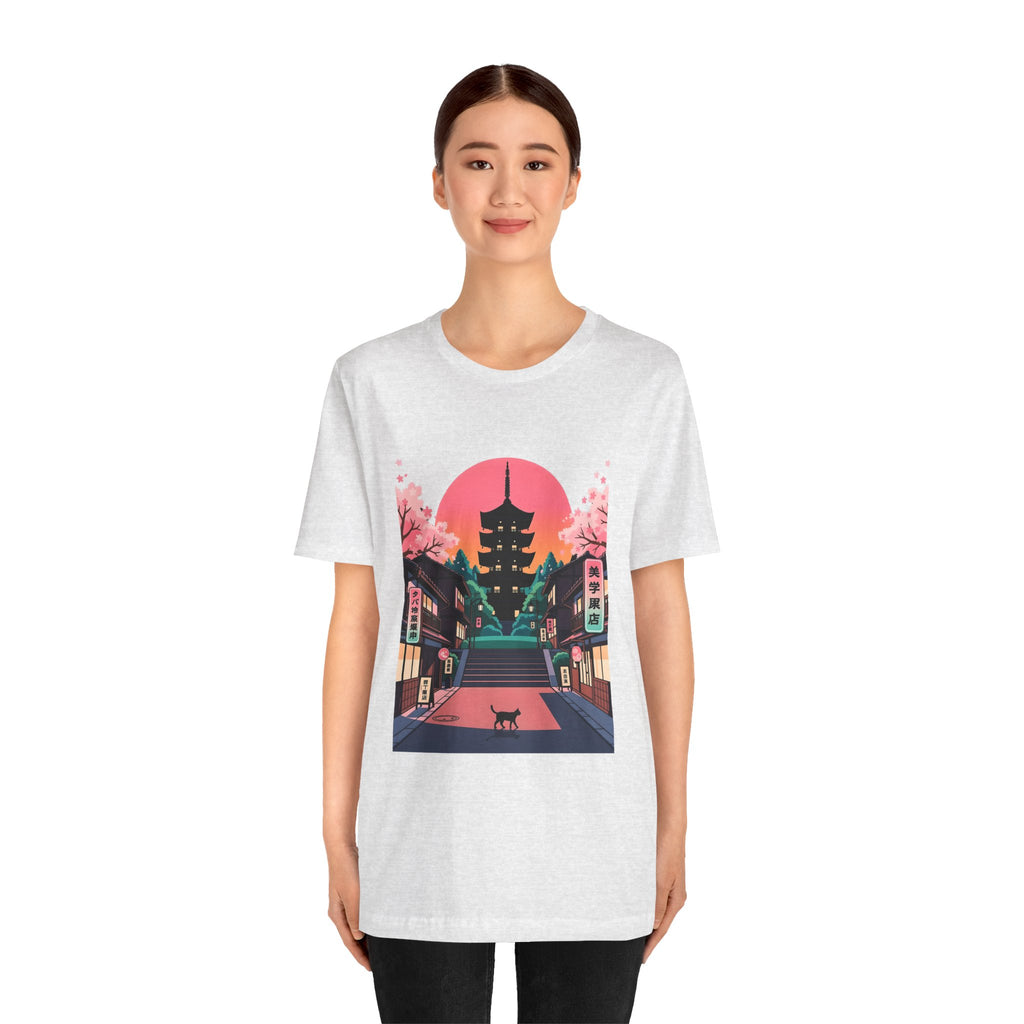 Japanese Pagoda Sunset Tee — Sakura Street Cat Graphic T-Shirt