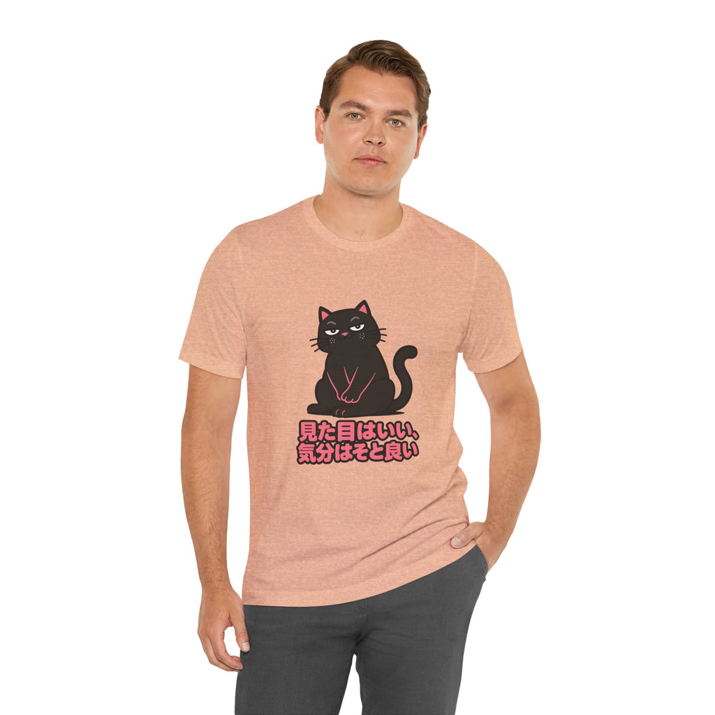 Black Cat Tee with Japanese Text — 'Mita Me wa Ii, Kimochi wa Sore Ijo' Cute Kawaii Graphic T-Shirt