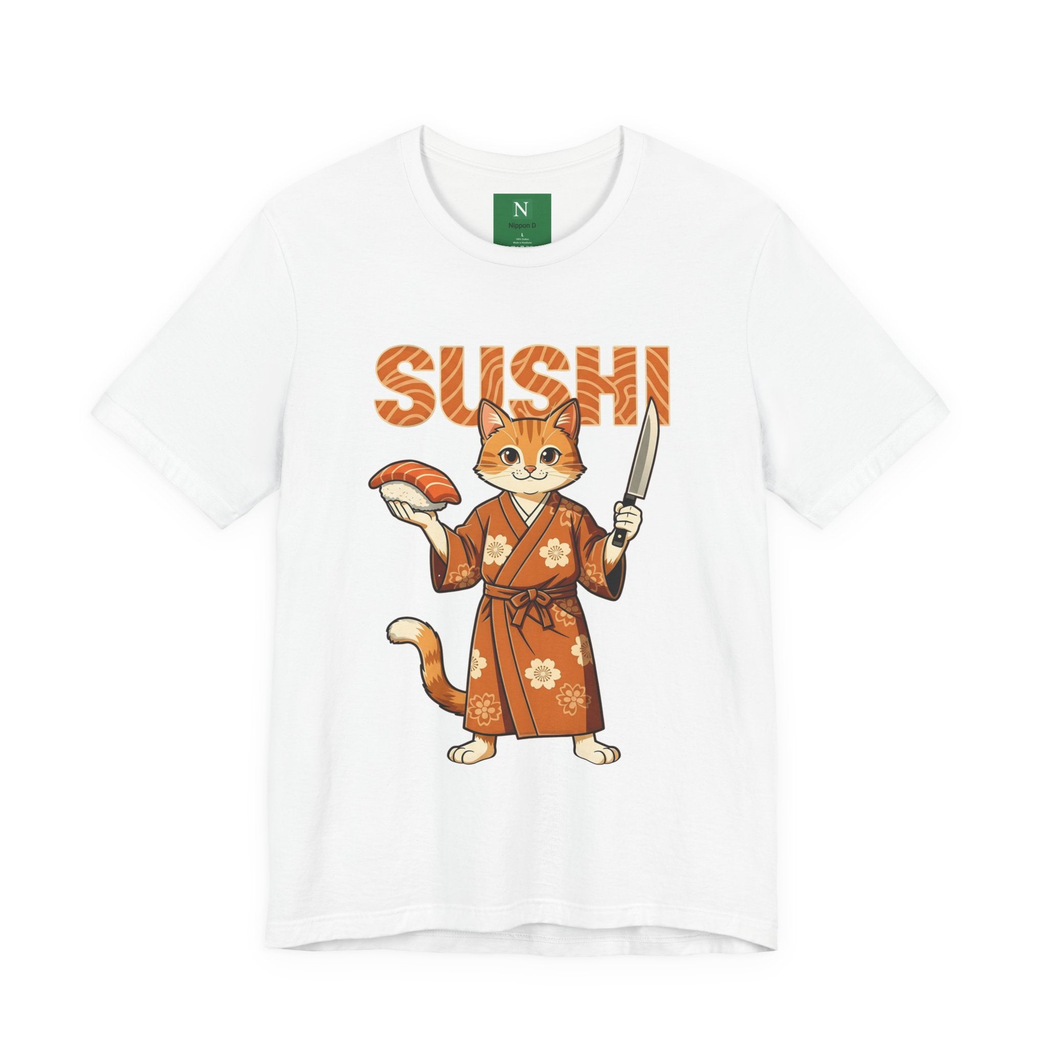 Sushi Cat Graphic Tee — Cute Samurai Cat Holding Sushi & Knife
