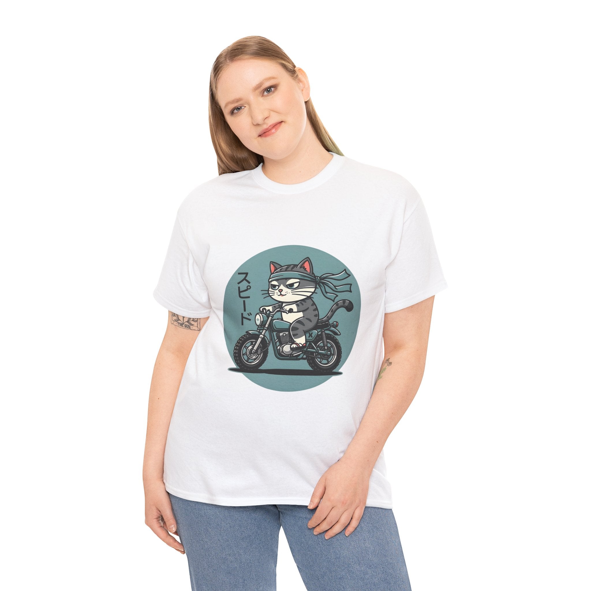 Cat Biker T‑Shirt — Retro Motorcycle Cat with Japanese “Speed” Text