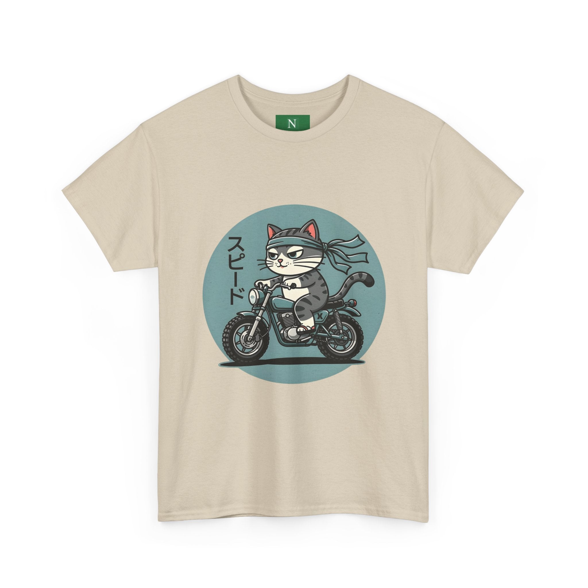 Cat Biker T‑Shirt — Retro Motorcycle Cat with Japanese “Speed” Text