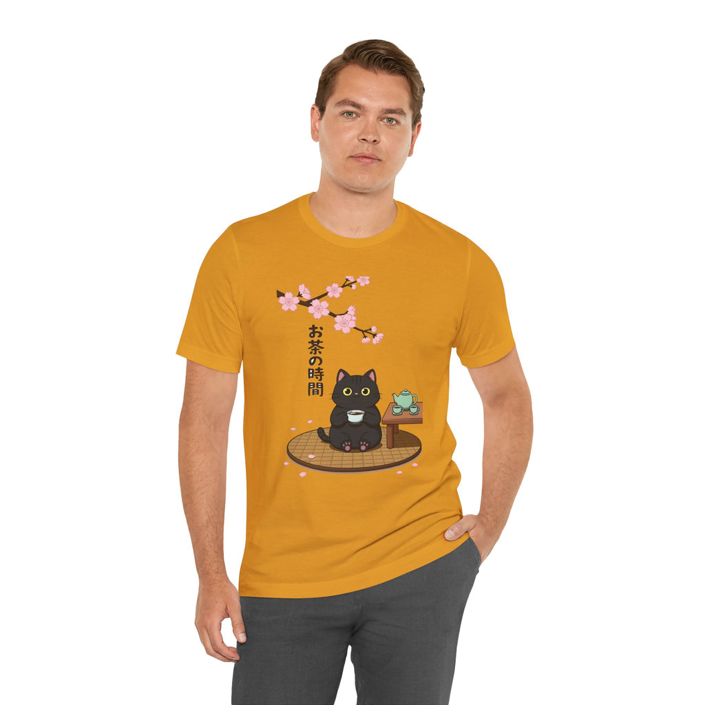 Cat Tea Time T-Shirt — Kawaii Black Cat with Sakura and Teapot