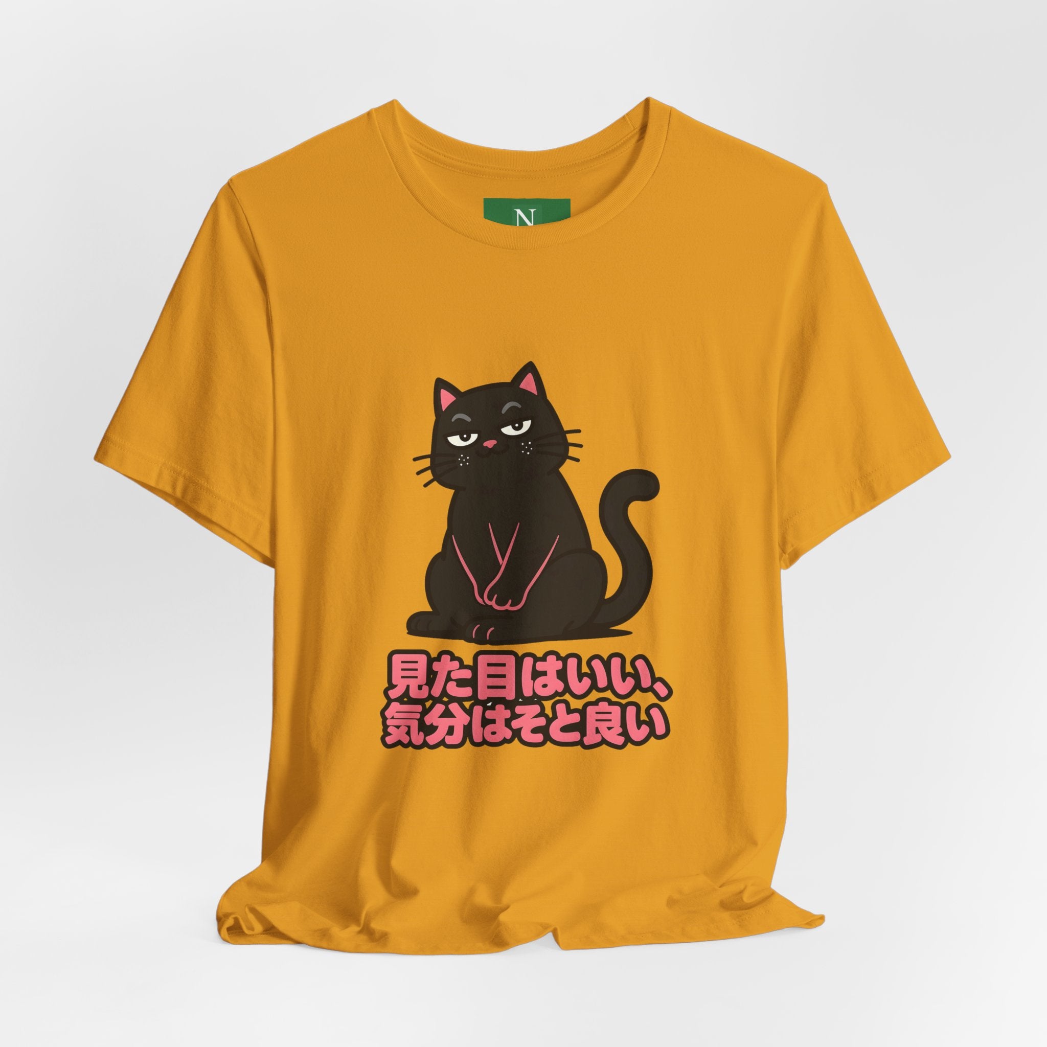 Black Cat Tee with Japanese Text — 'Mita Me wa Ii, Kimochi wa Sore Ijo' Cute Kawaii Graphic T-Shirt