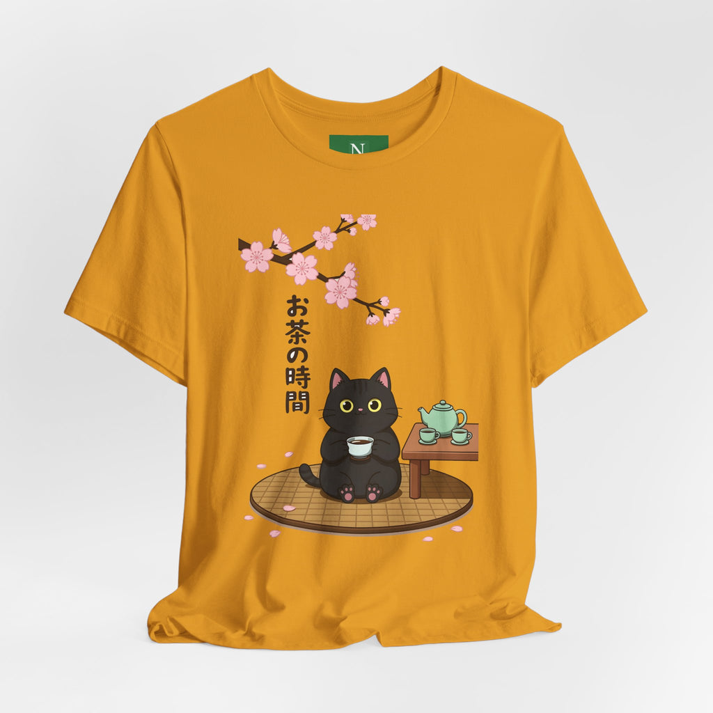 Cat Tea Time T-Shirt — Kawaii Black Cat with Sakura and Teapot