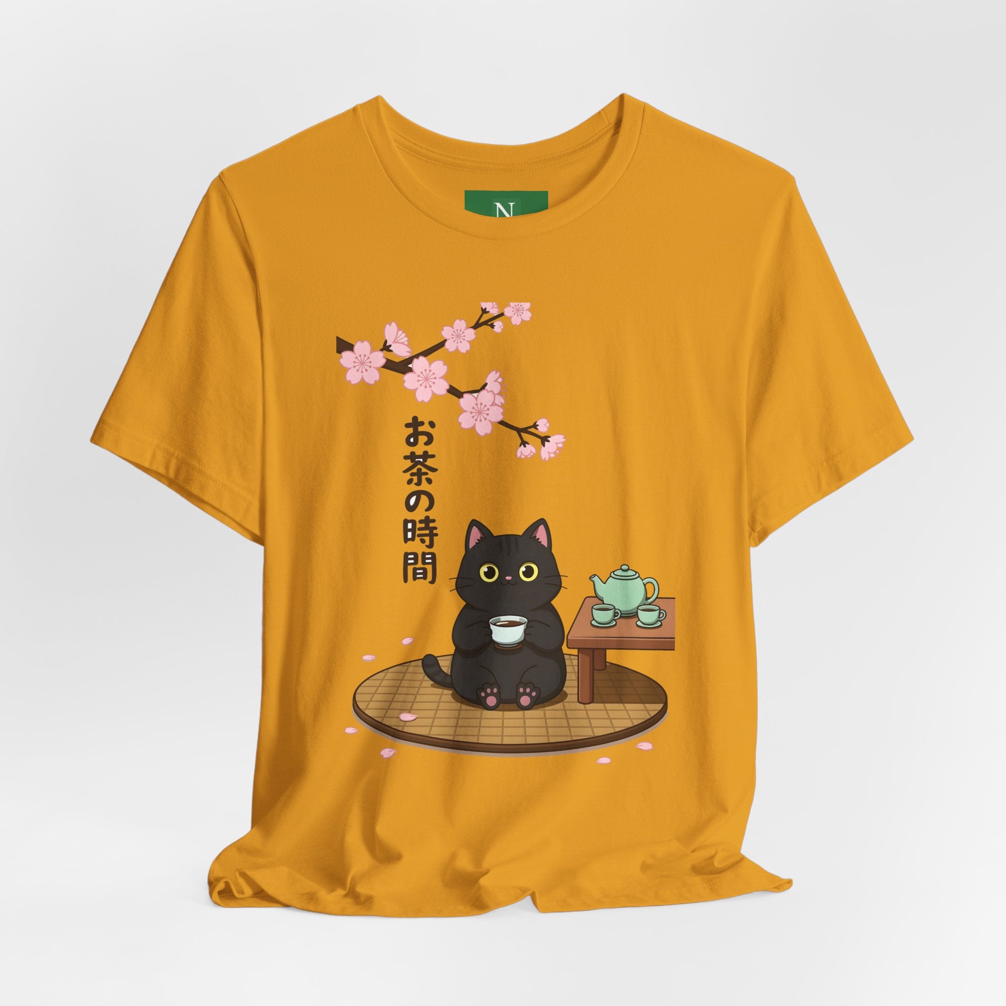 Cat Tea Time T-Shirt — Kawaii Black Cat with Sakura and Teapot