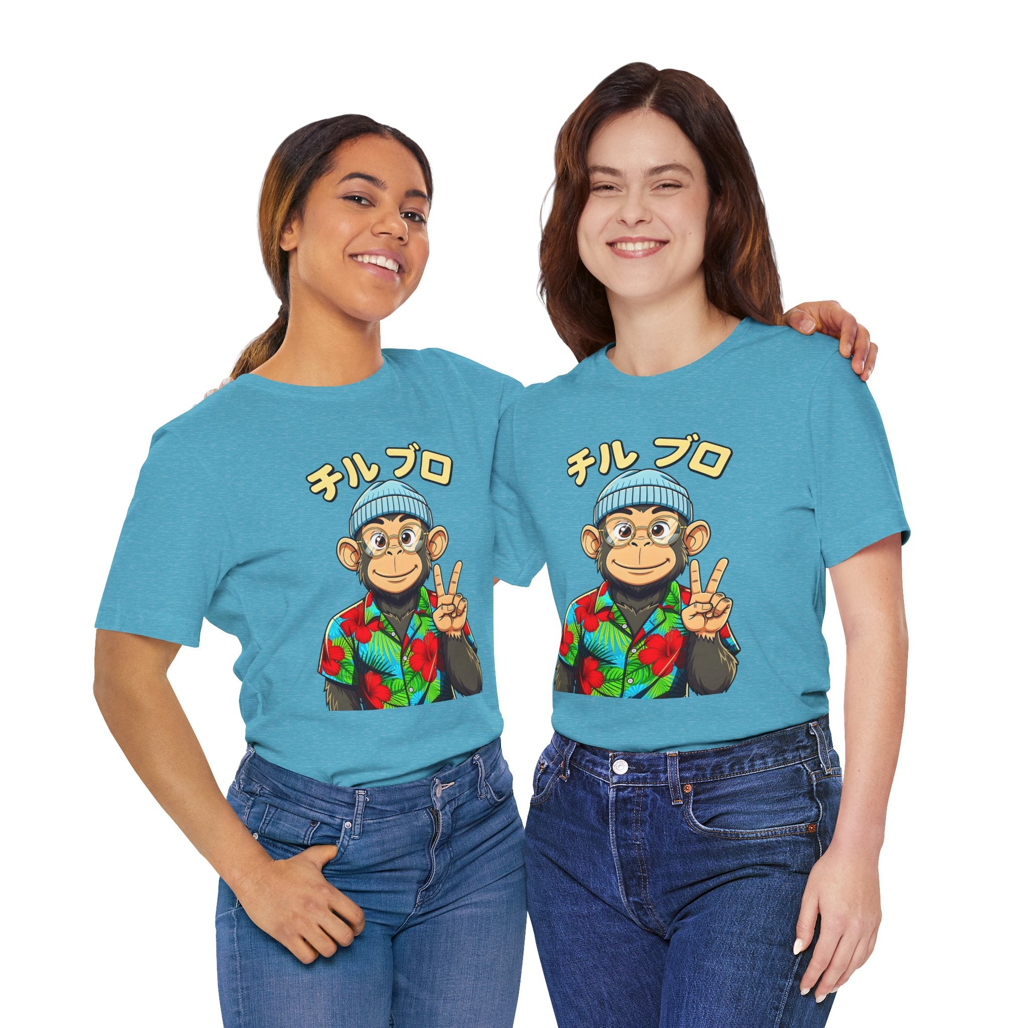 Monkey Peace Sign Tee — Hawaiian Shirt Chimp Graphic with Japanese Text