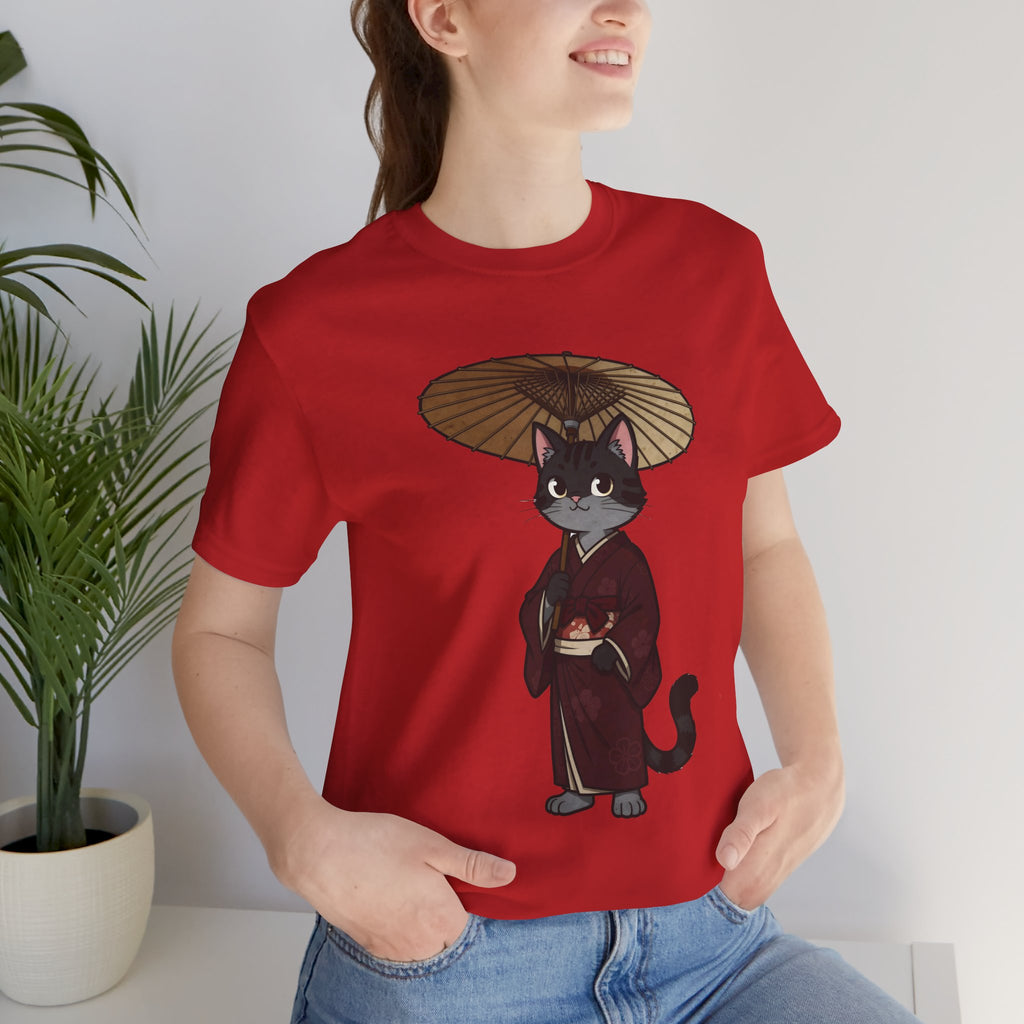 Geisha Cat Tee — Japanese Umbrella Cat Graphic T-Shirt