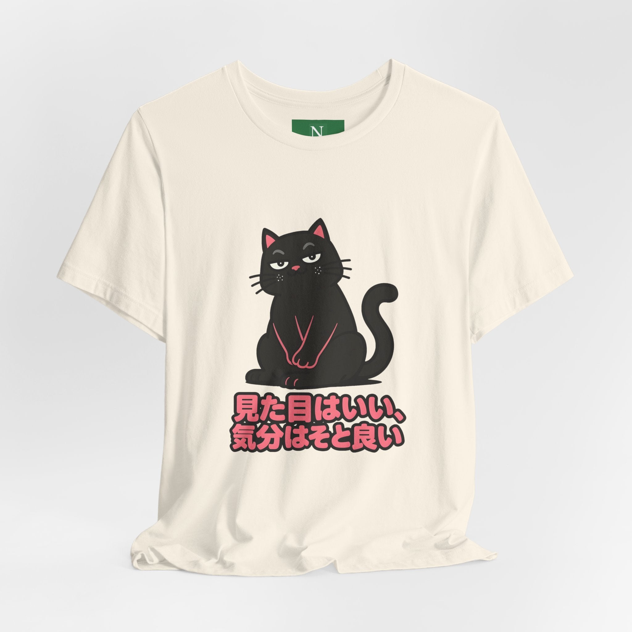 Black Cat Tee with Japanese Text — 'Mita Me wa Ii, Kimochi wa Sore Ijo' Cute Kawaii Graphic T-Shirt