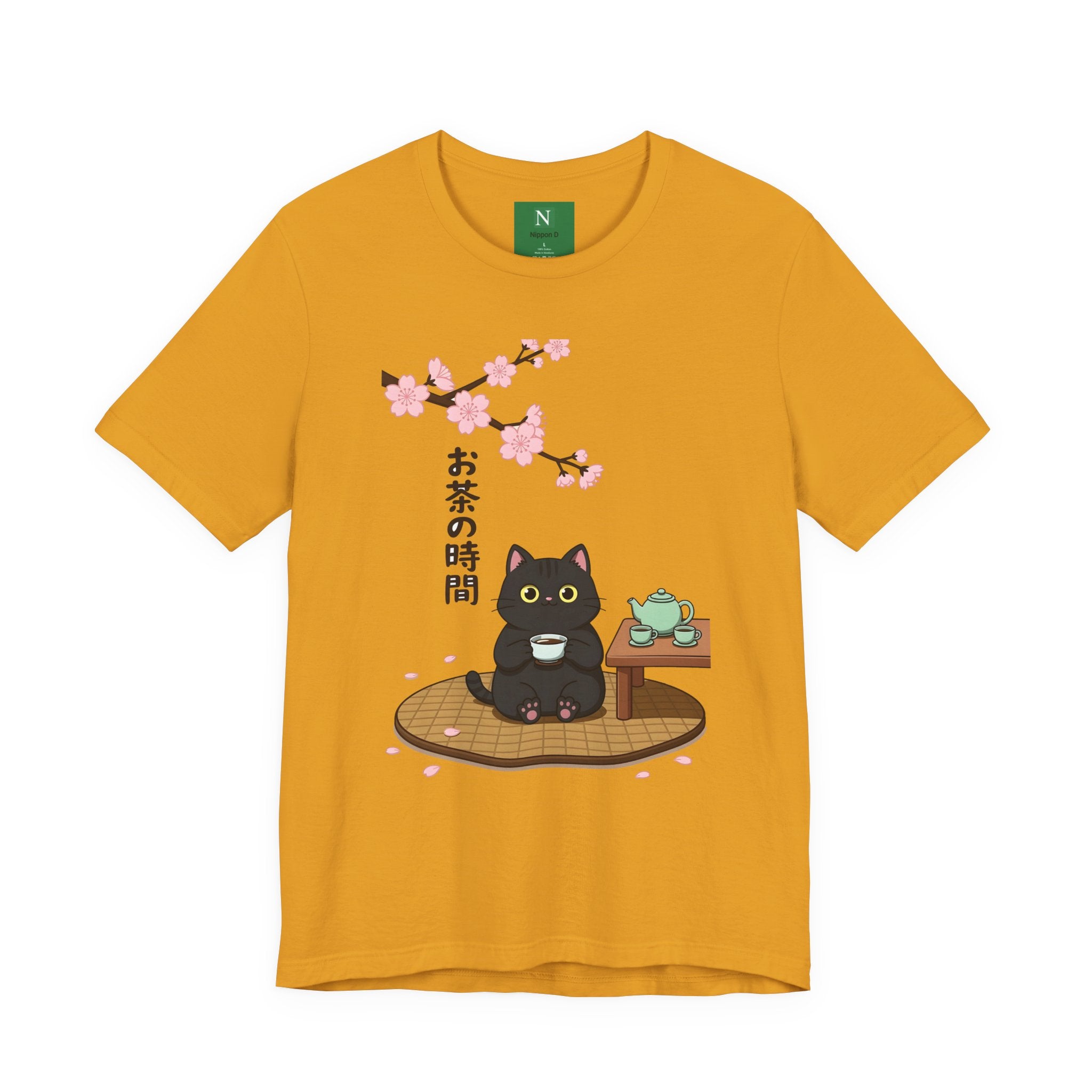 Cat Tea Time T-Shirt — Kawaii Black Cat with Sakura and Teapot