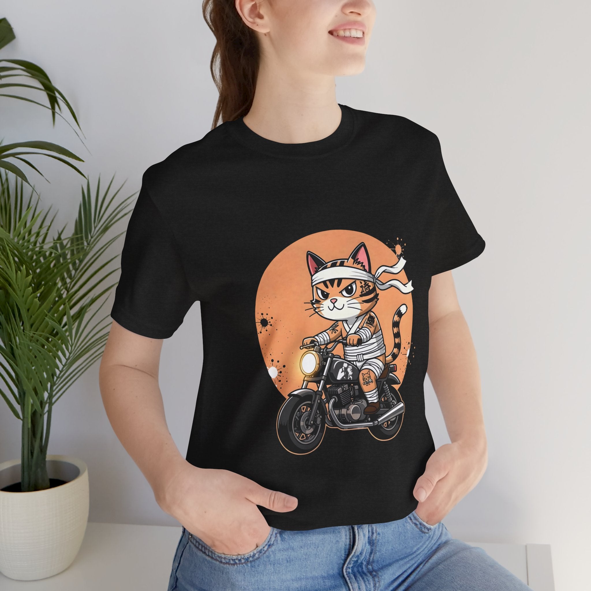 Retro Biker Cat T‑Shirt — Cute Motorcycle Cat Graphic Tee