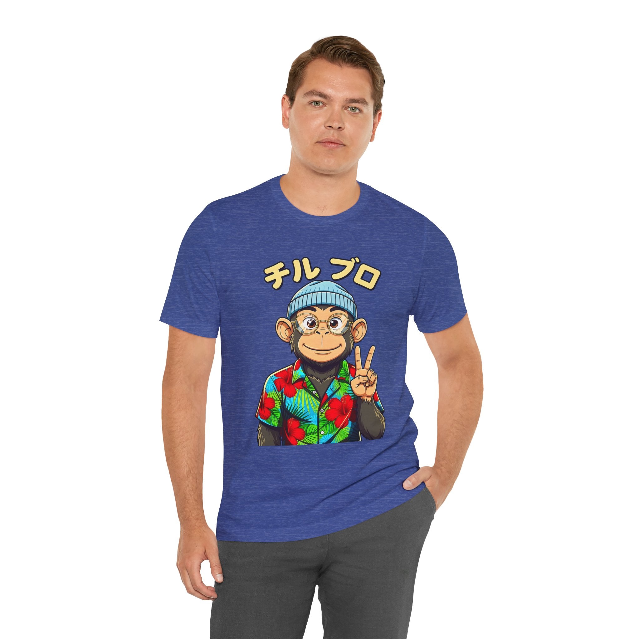 Monkey Peace Sign Tee — Hawaiian Shirt Chimp Graphic with Japanese Text