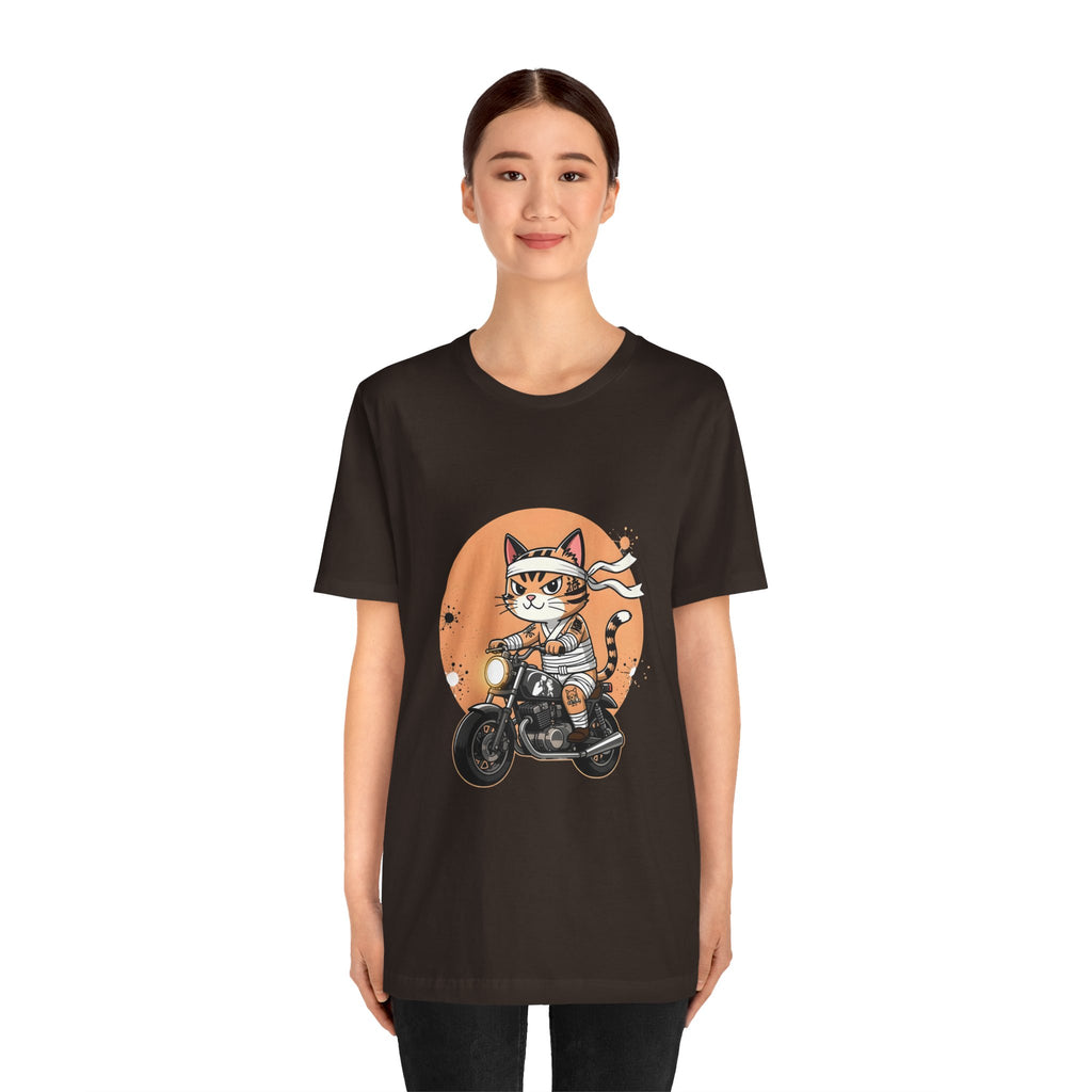 Retro Biker Cat T‑Shirt — Cute Motorcycle Cat Graphic Tee