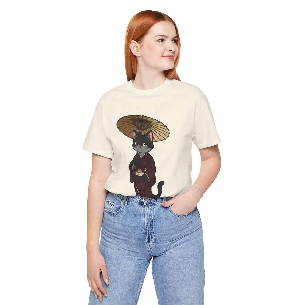 Geisha Cat Tee — Japanese Umbrella Cat Graphic T-Shirt