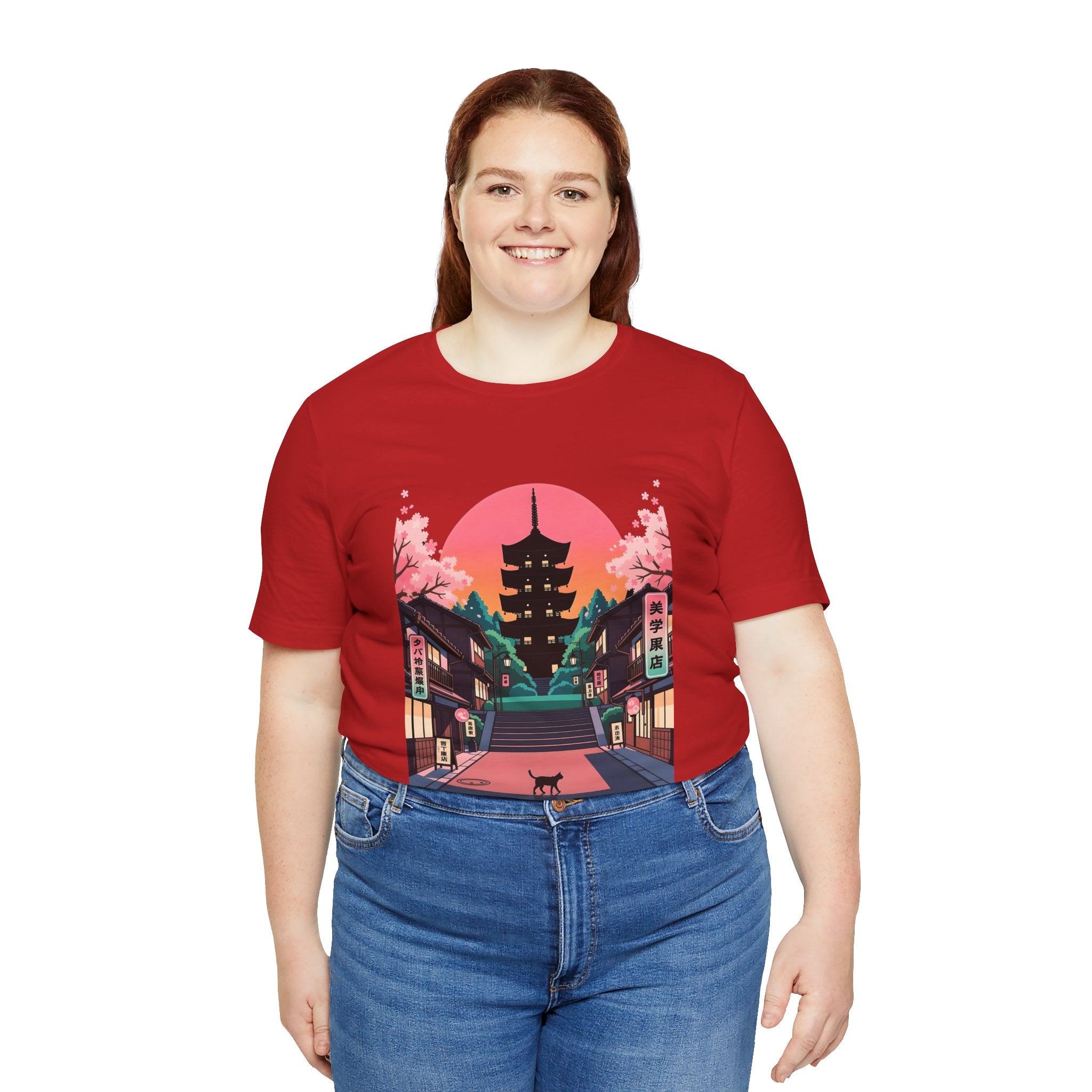 Japanese Pagoda Sunset Tee — Sakura Street Cat Graphic T-Shirt