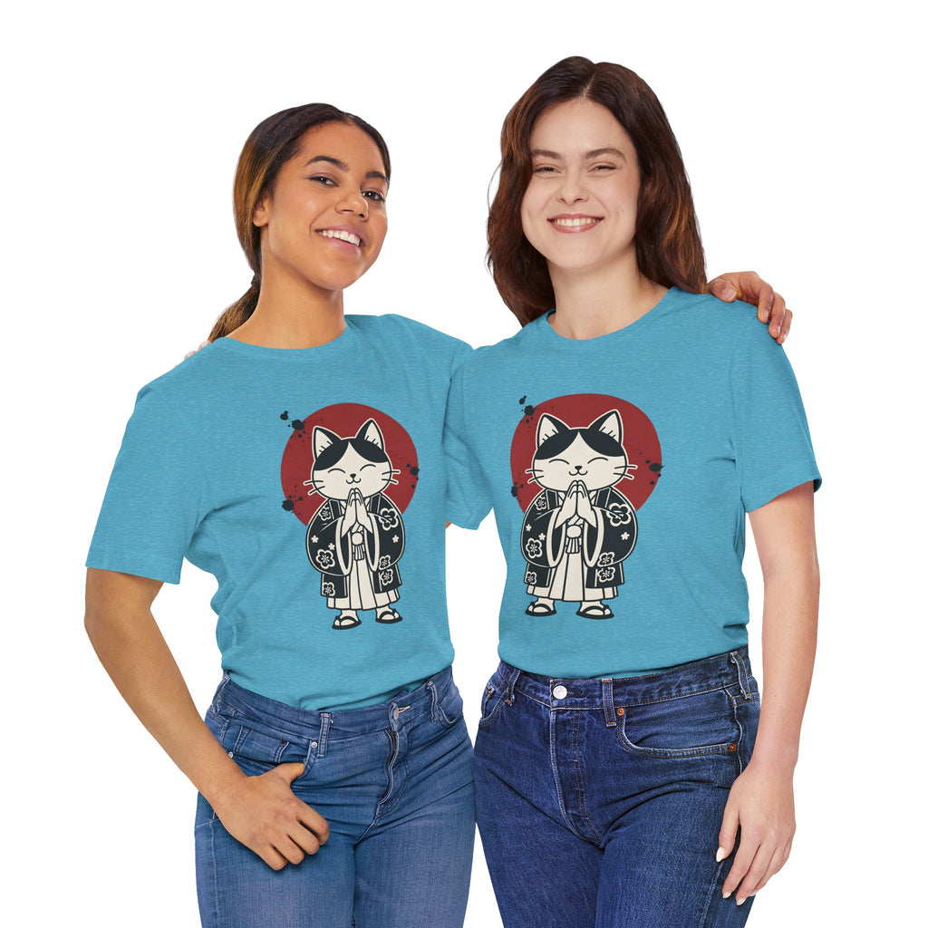 Samurai Cat T‑Shirt — Cute Praying Cat with Red Sun Graphic