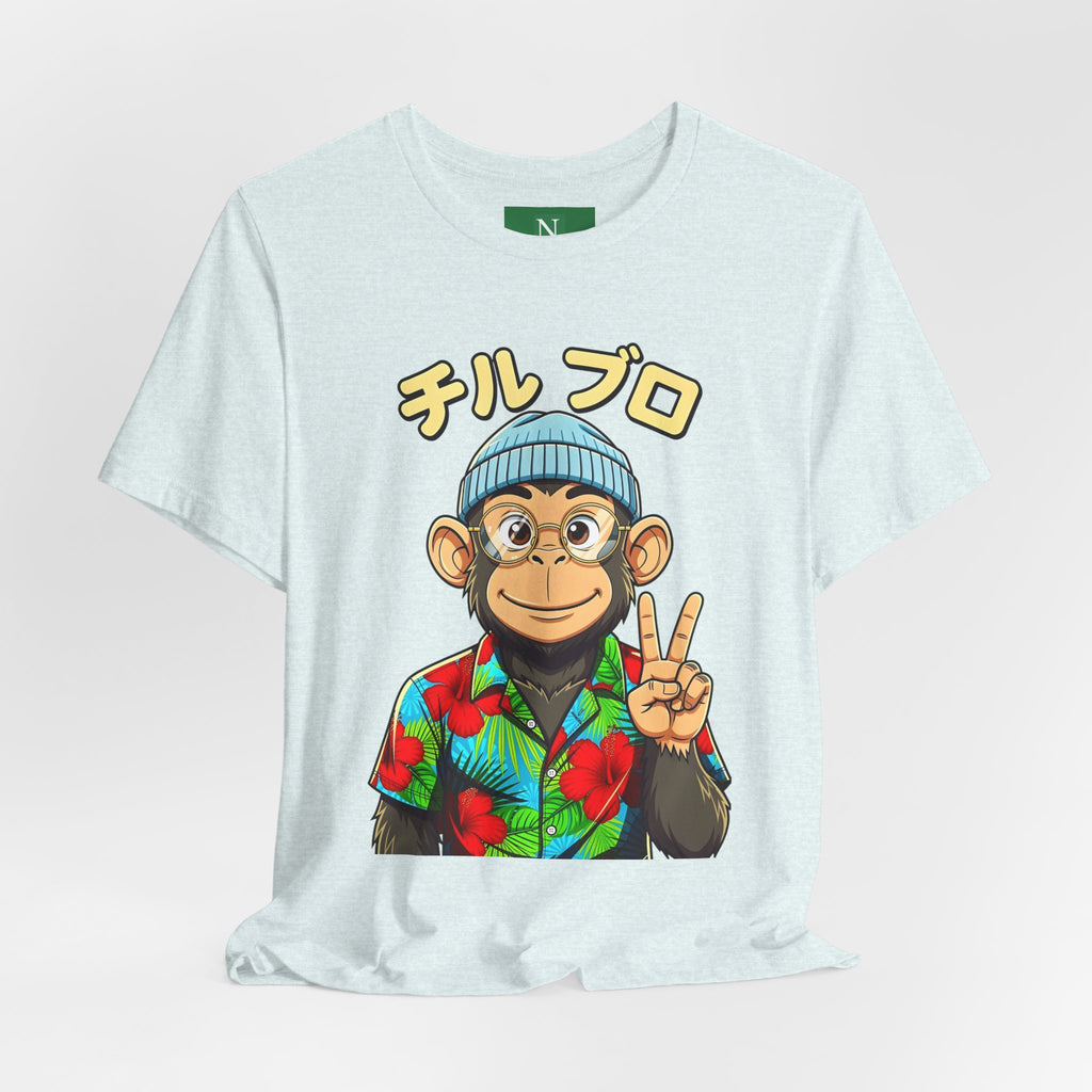 Monkey Peace Sign Tee — Hawaiian Shirt Chimp Graphic with Japanese Text