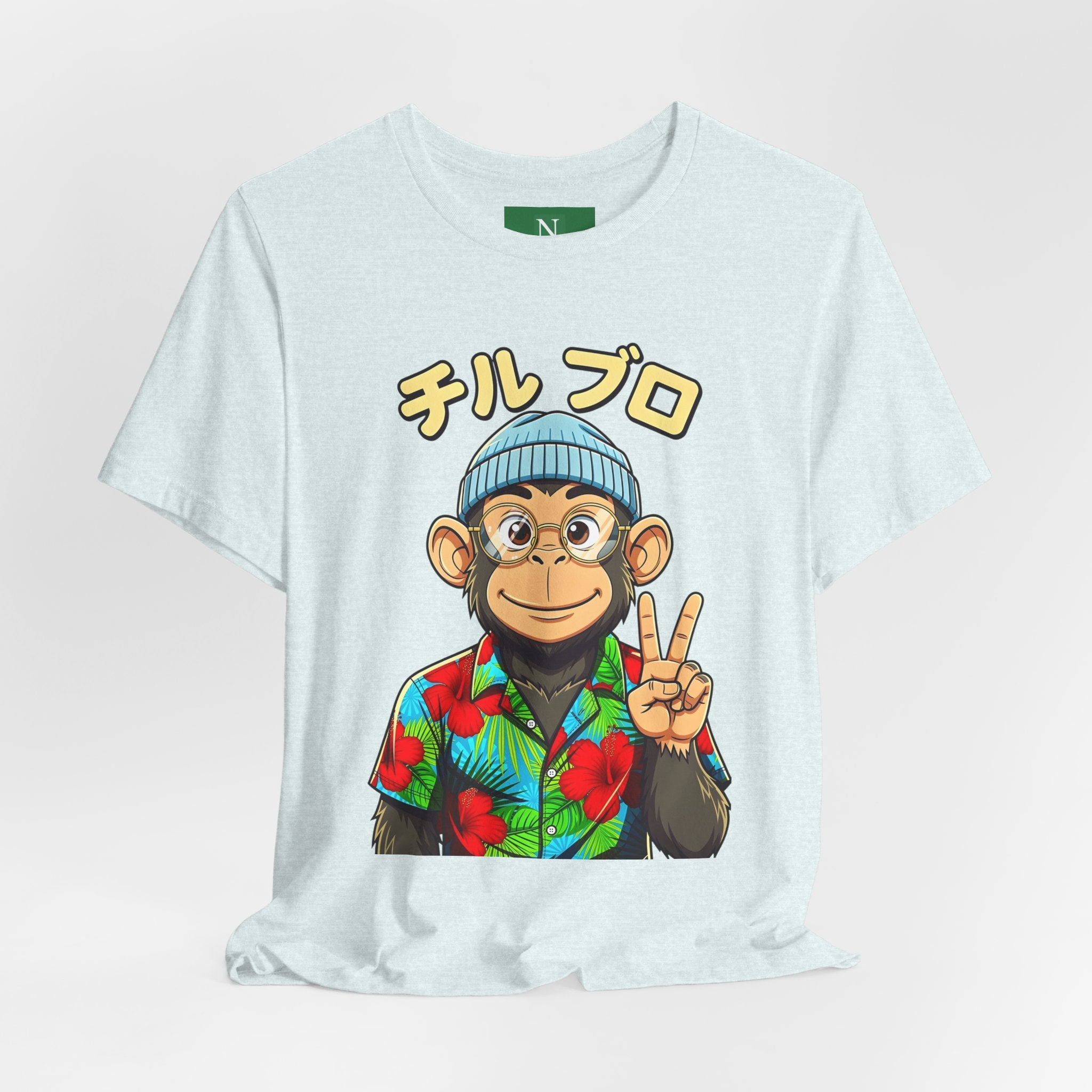 Monkey Peace Sign Tee — Hawaiian Shirt Chimp Graphic with Japanese Text