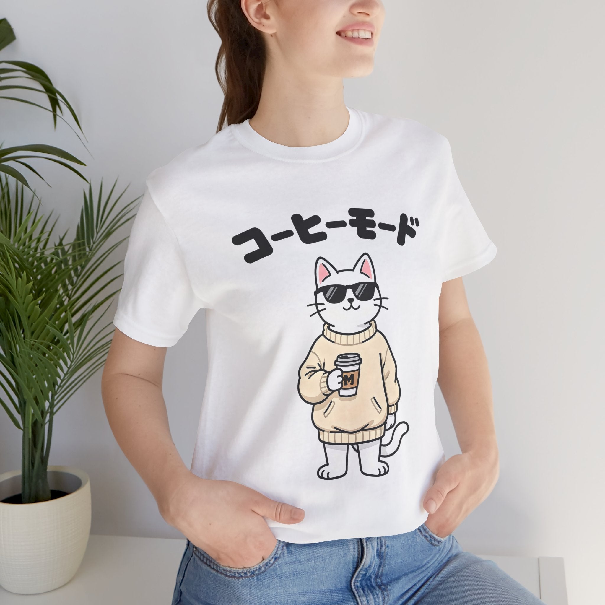 Coffee Mode Cat Tee — Cute Japanese Cat Holding Coffee T-Shirt