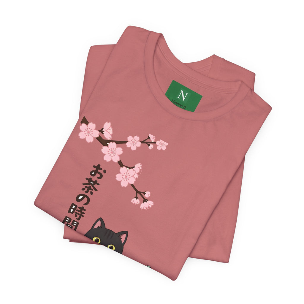 Cat Tea Time T-Shirt — Kawaii Black Cat with Sakura and Teapot