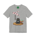 Cat Tea Time T-Shirt — Kawaii Black Cat with Sakura and Teapot
