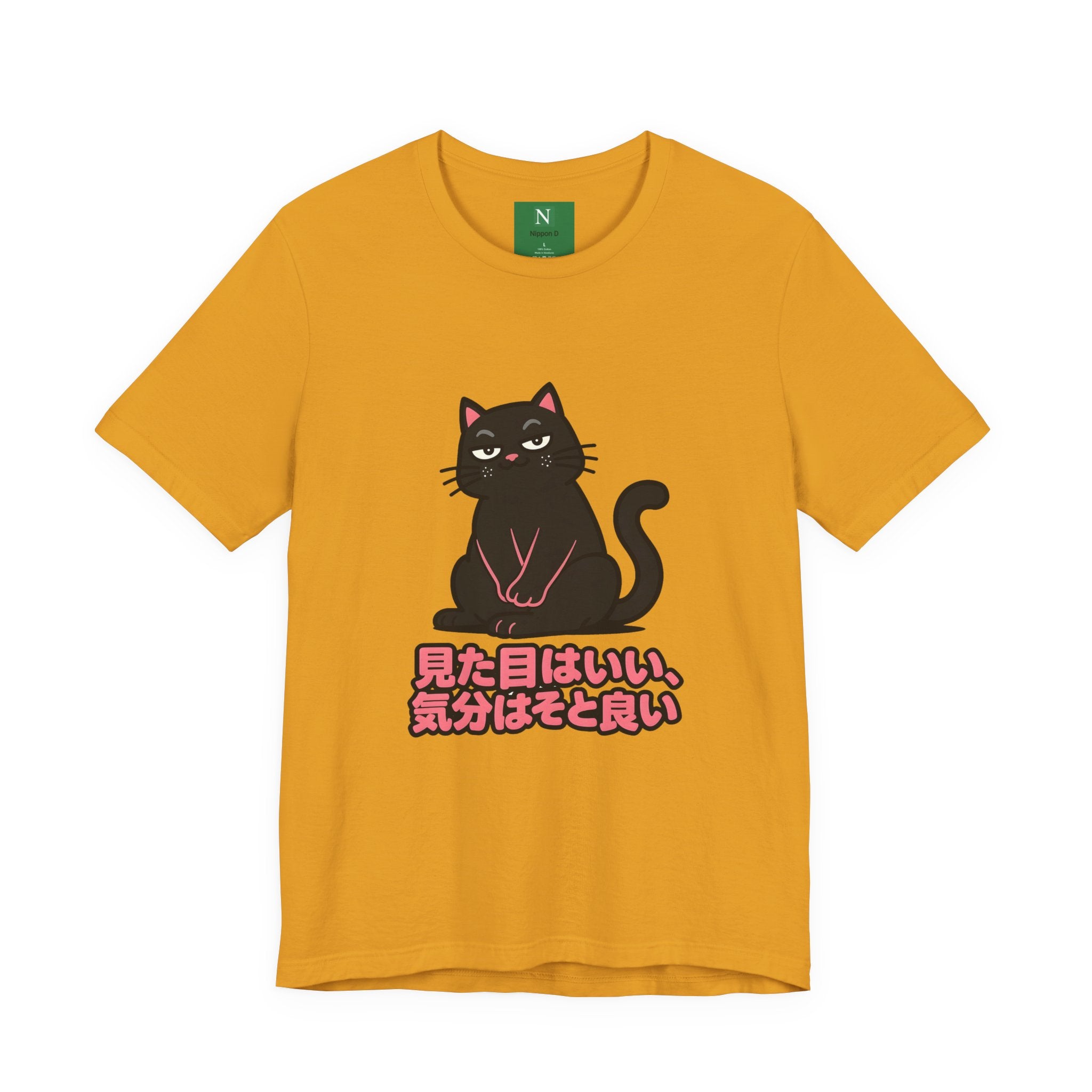 Black Cat Tee with Japanese Text — 'Mita Me wa Ii, Kimochi wa Sore Ijo' Cute Kawaii Graphic T-Shirt