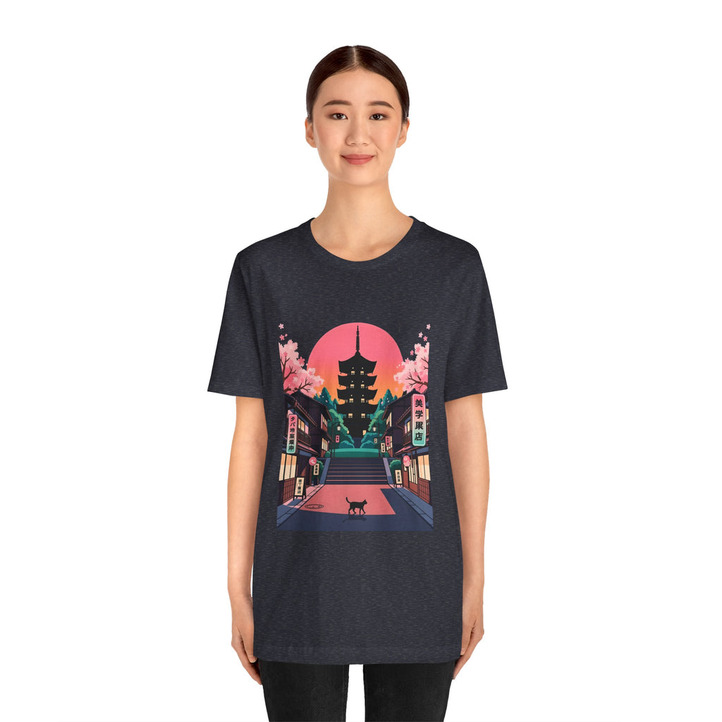 Japanese Pagoda Sunset Tee — Sakura Street Cat Graphic T-Shirt