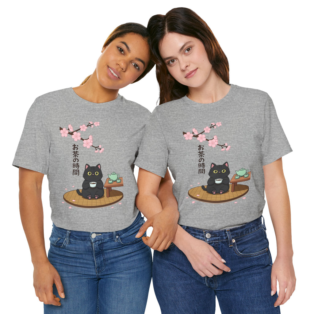 Cat Tea Time T-Shirt — Kawaii Black Cat with Sakura and Teapot