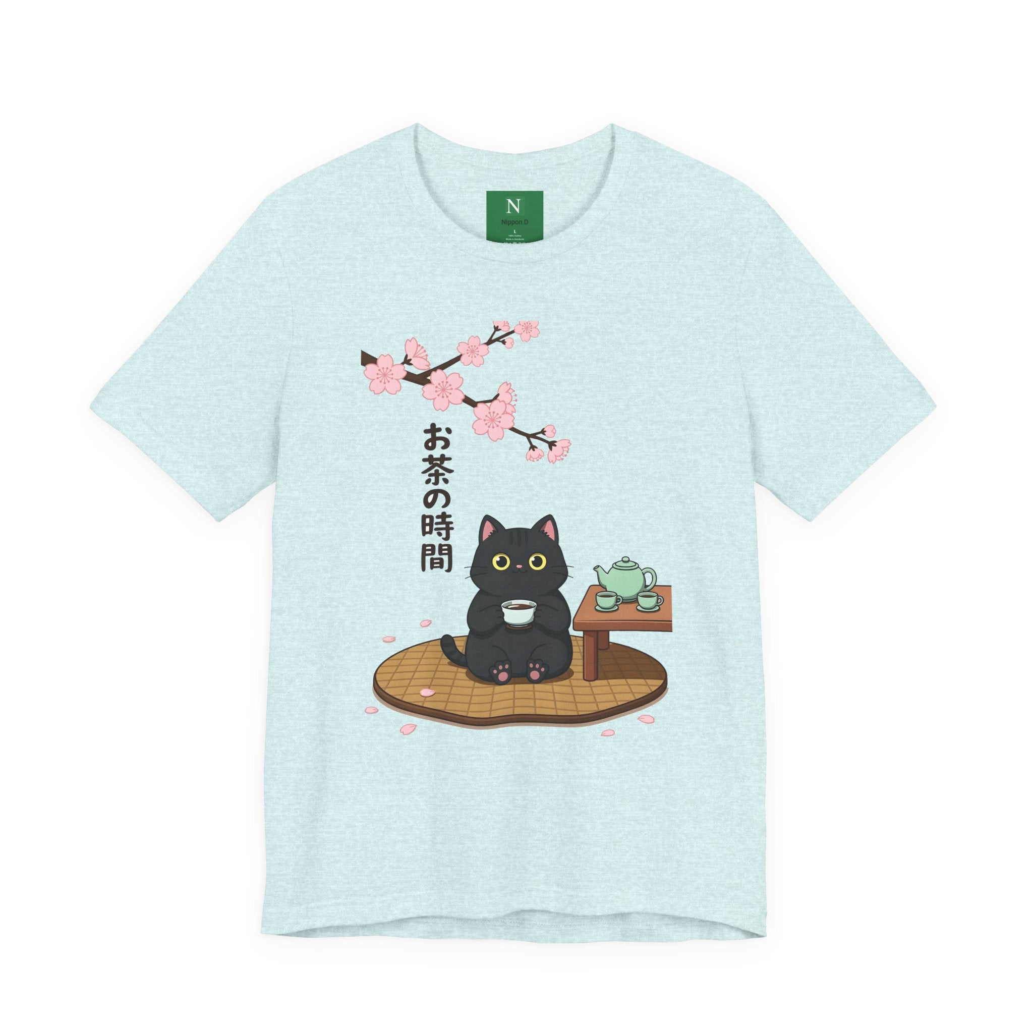 Cat Tea Time T-Shirt — Kawaii Black Cat with Sakura and Teapot